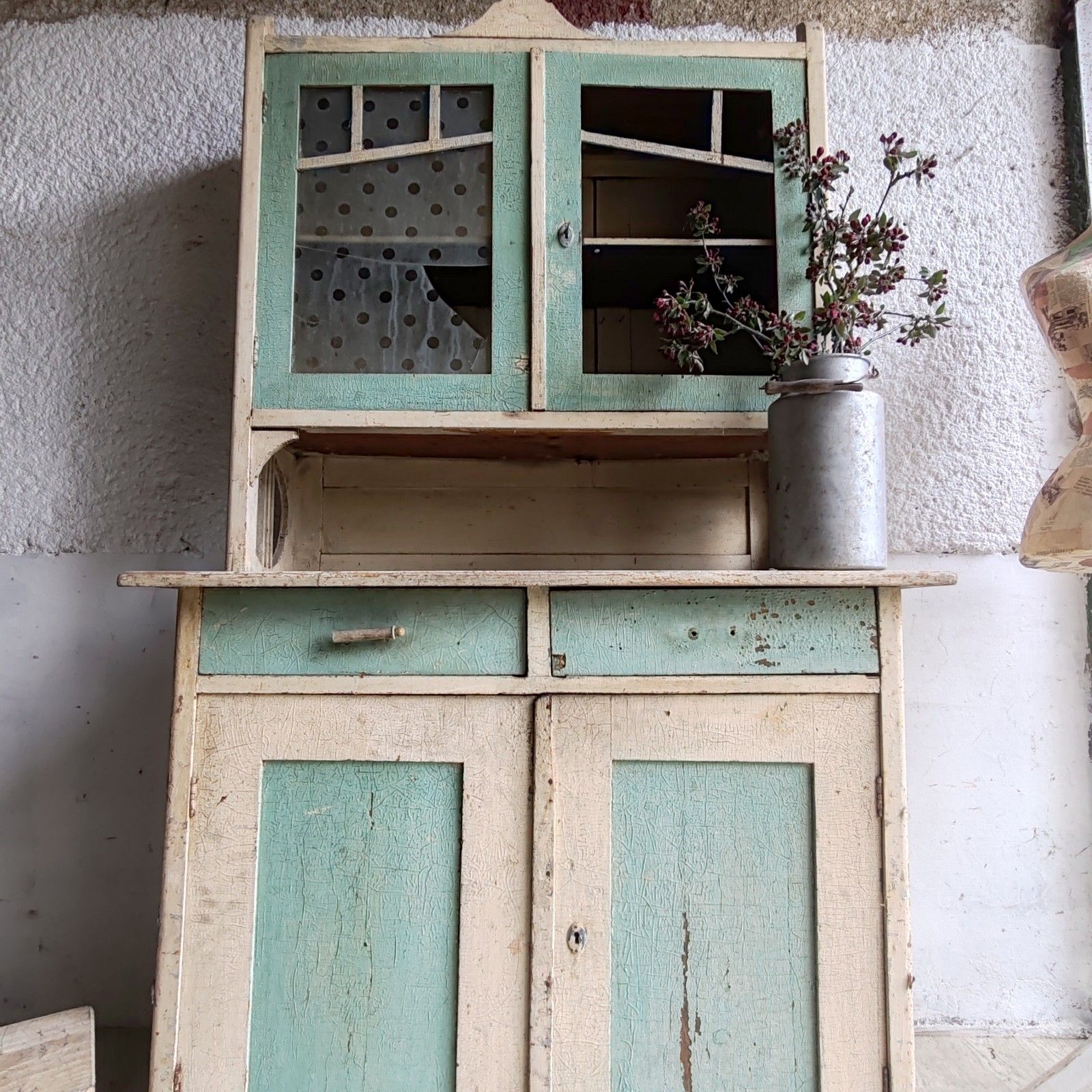 Unique 1890s Hungarian Rustic Dresser Handcrafted, Cream & Green Patina Cupboard photo for sale