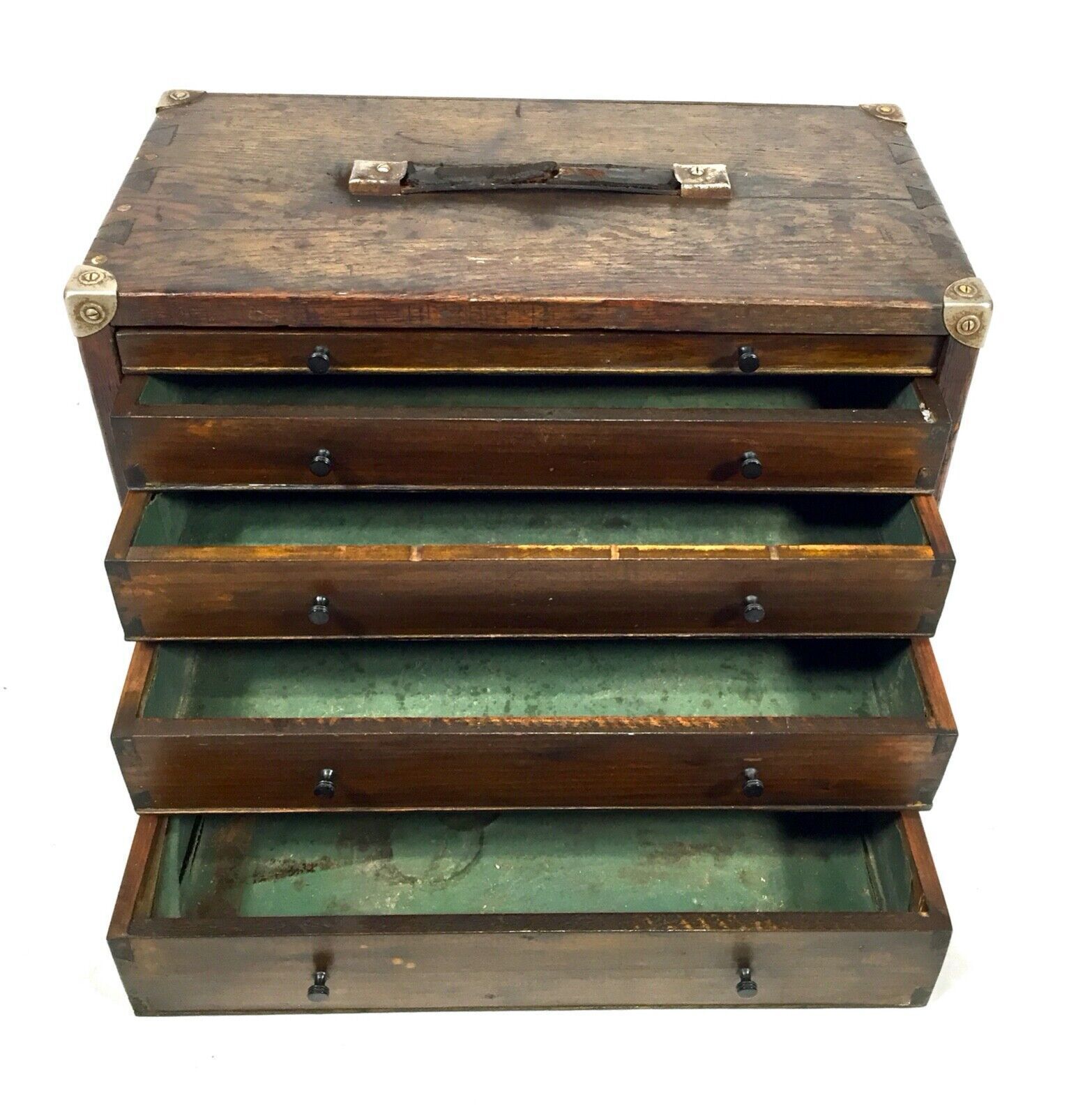 Antique Wooden Oak Engineers Toolbox / Tool Box / Collectors Cabinet With Key photo vinterior