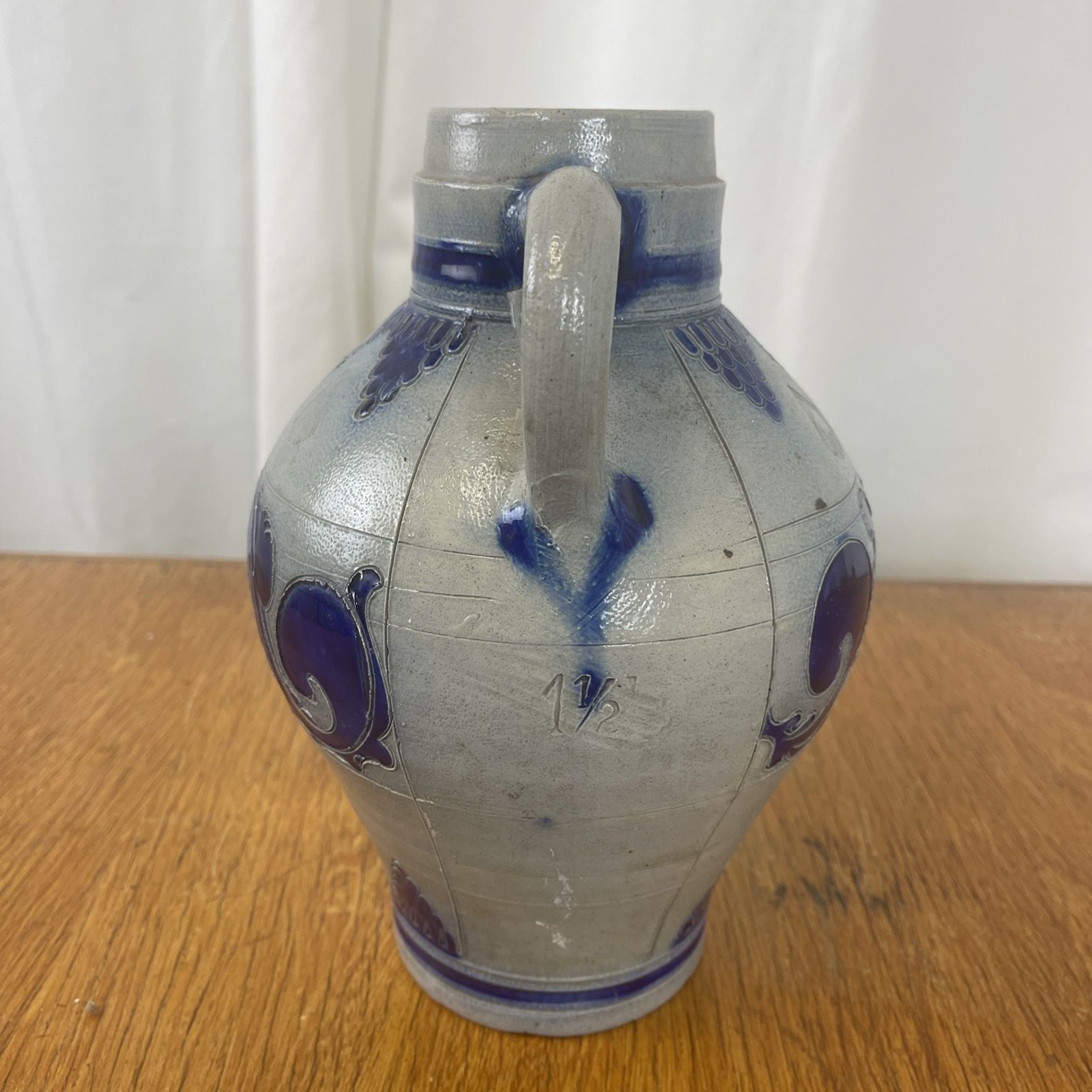 Antique German Salt Glazed Jug 1 1/2 Pitcher Cobalt Blue 19th Century Stoneware photo for sale