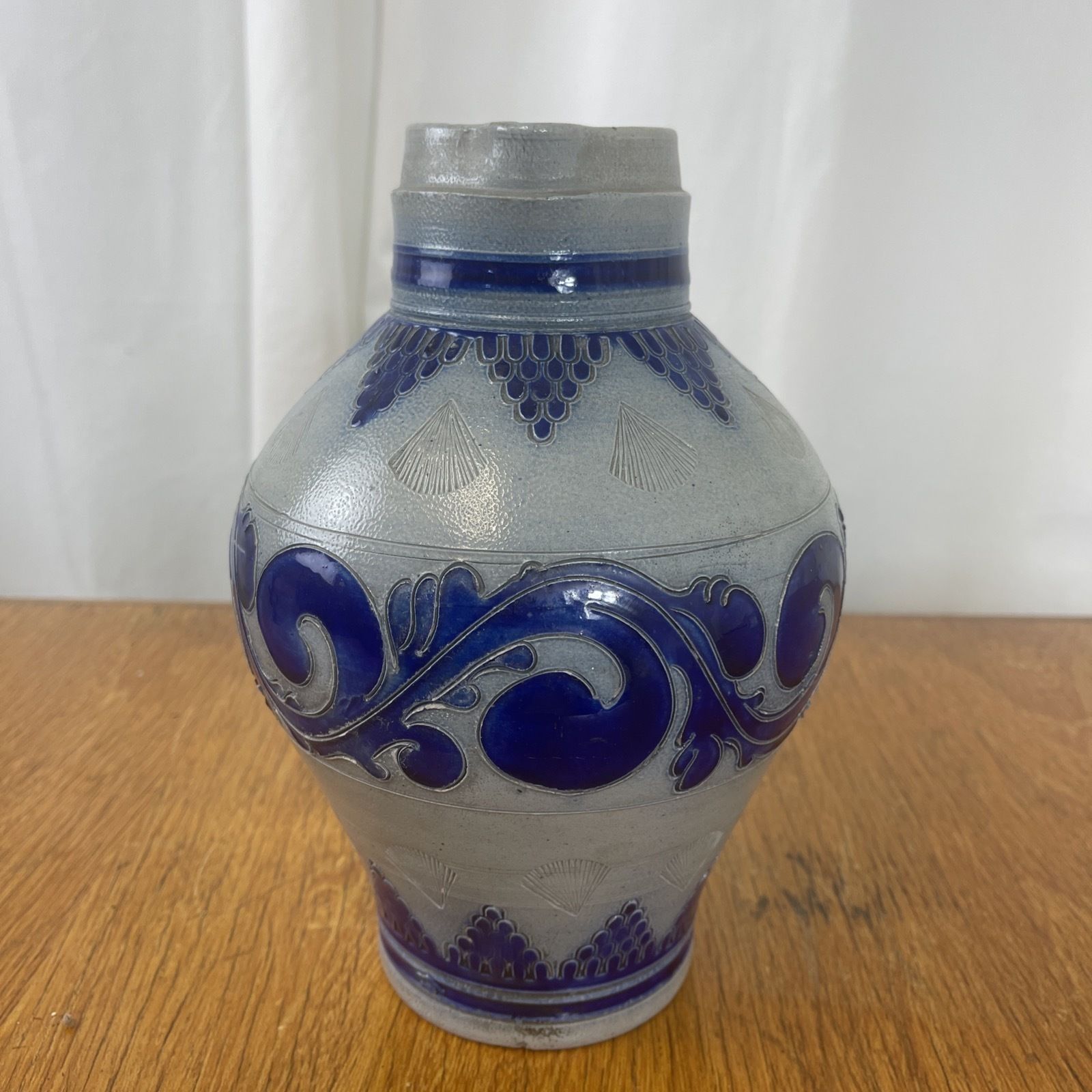 photo furniture Antique German Salt Glazed Jug 1 1/2 Pitcher Cobalt Blue 19th Century Stoneware