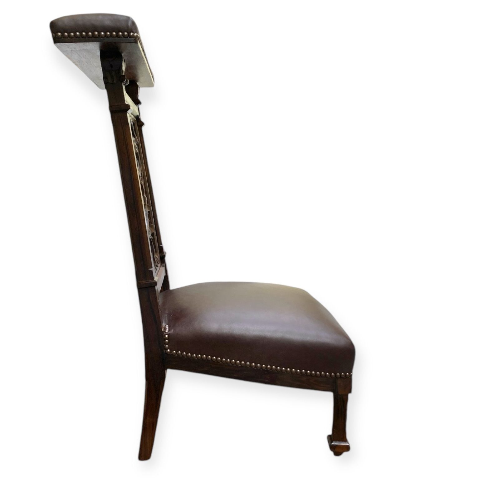 Large Antique French Prayer Chair/ Prie Dieu In  Rosewood With Dark Chocolate Leather Upholstery And Bronze Tacks Fully Restored photo Furniture