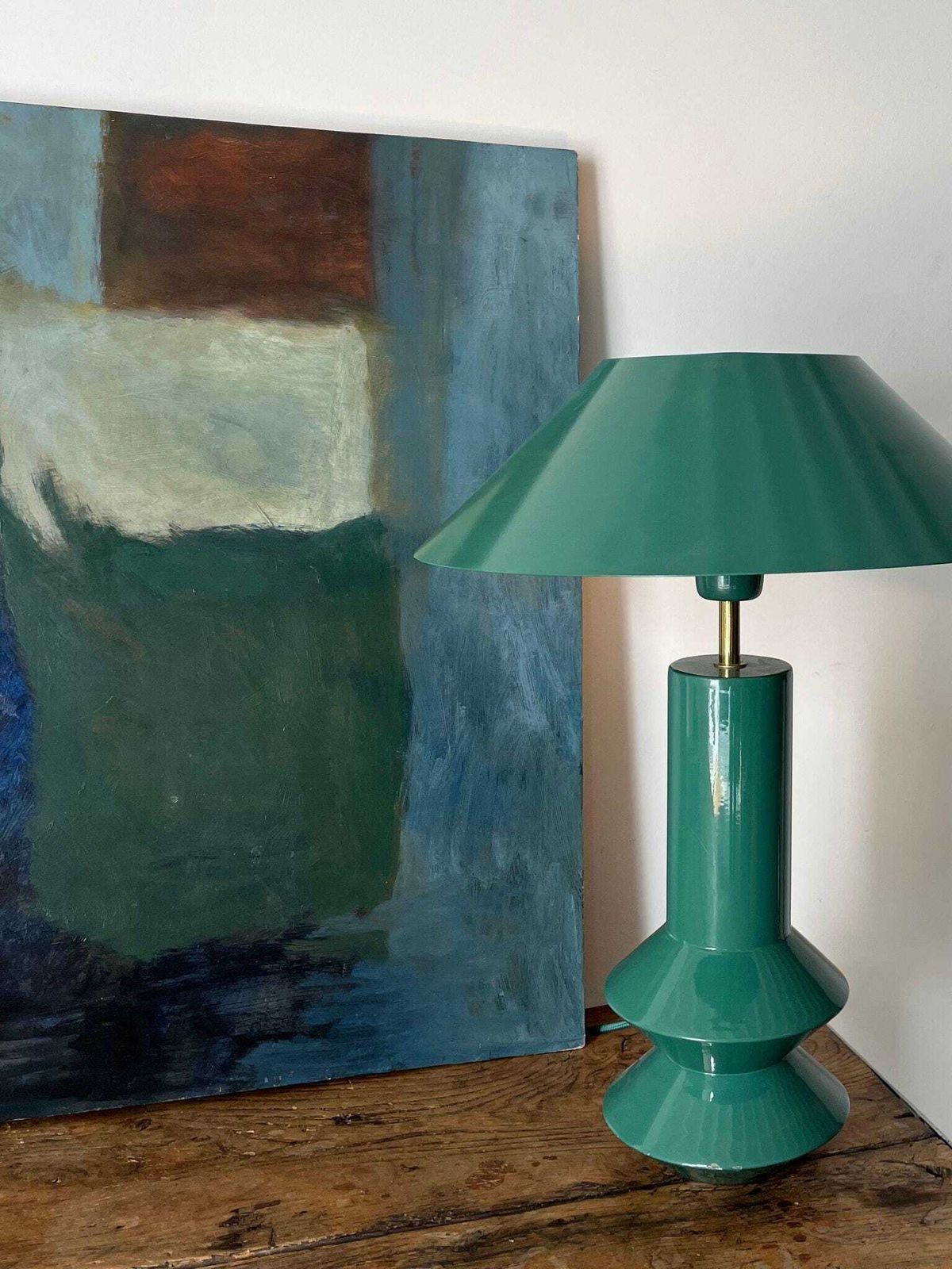 Large Abstract Oil Painting In Blue And Green, 20th Century Vintage Artwork photo furniture