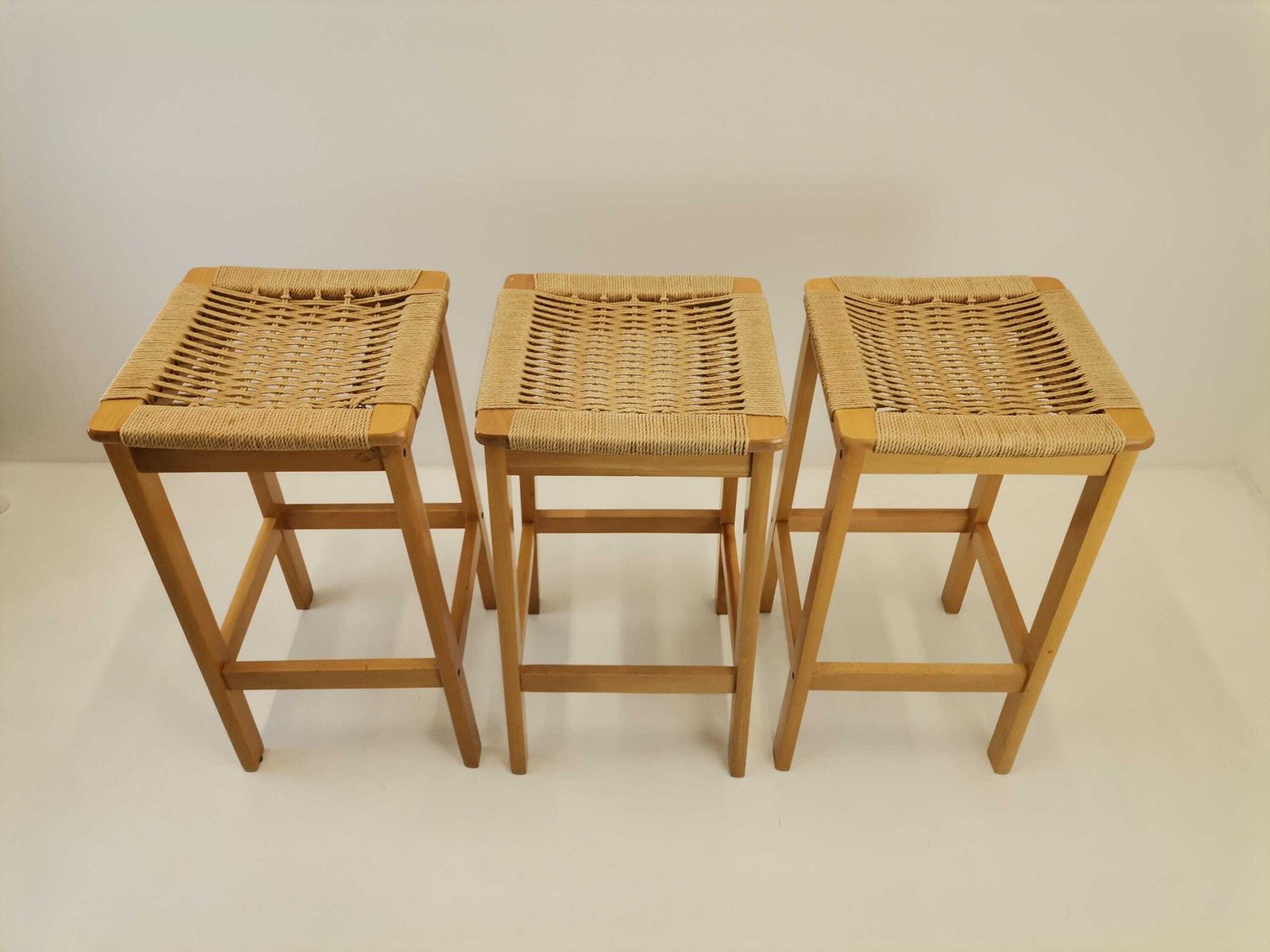 Set Of 3 Vintage Rope Bar Stools / Hans Wegner Style Danish Paper Cord Seating / Mid Century Modern Kitchen Chair