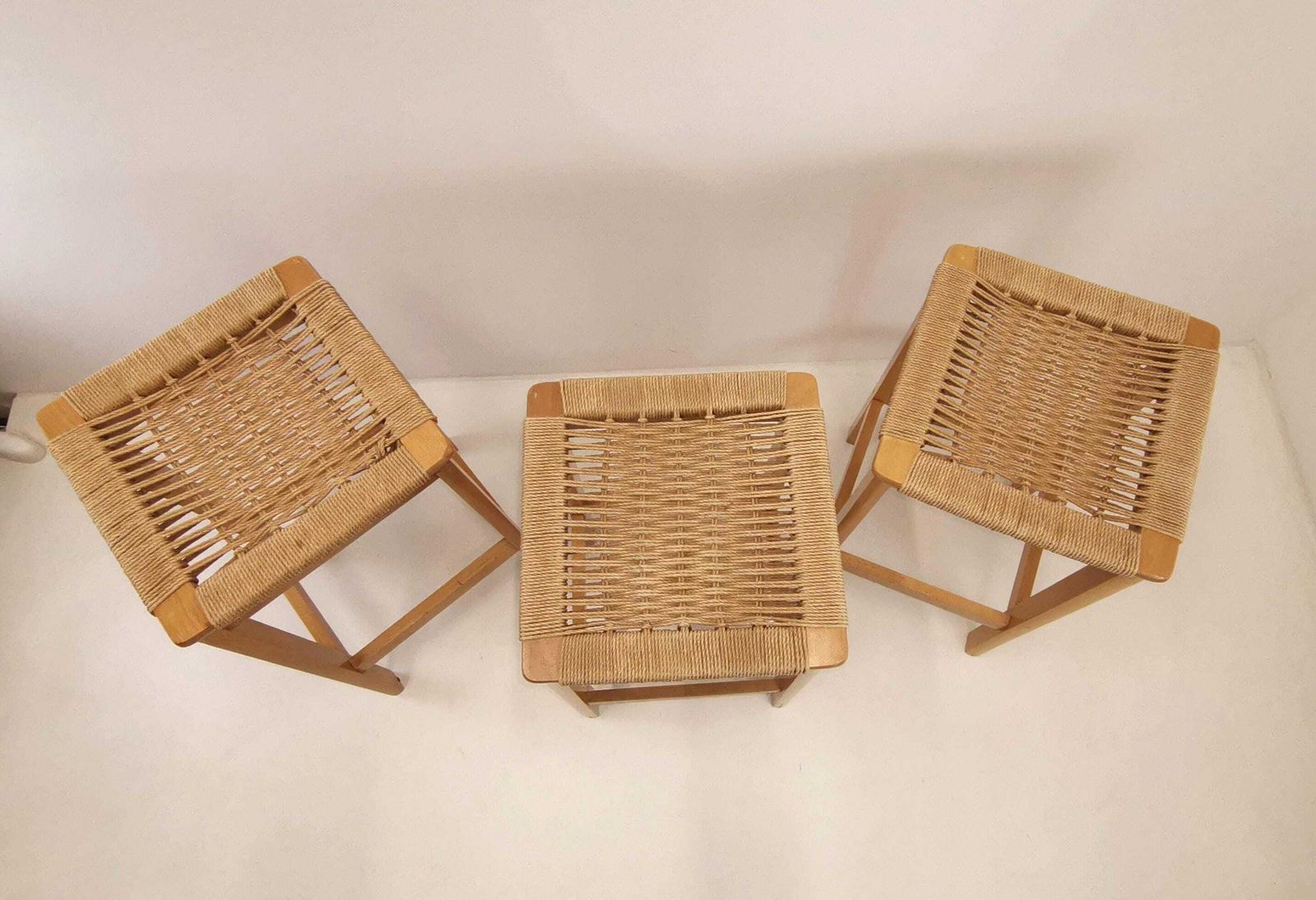 Set Of 3 Vintage Rope Bar Stools / Hans Wegner Style Danish Paper Cord Seating / Mid Century Modern Kitchen Chair photo for sale