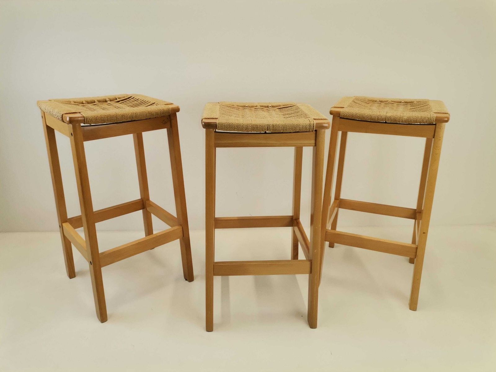 Set Of 3 Vintage Rope Bar Stools / Hans Wegner Style Danish Paper Cord Seating / Mid Century Modern Kitchen Chair photo 1545.0