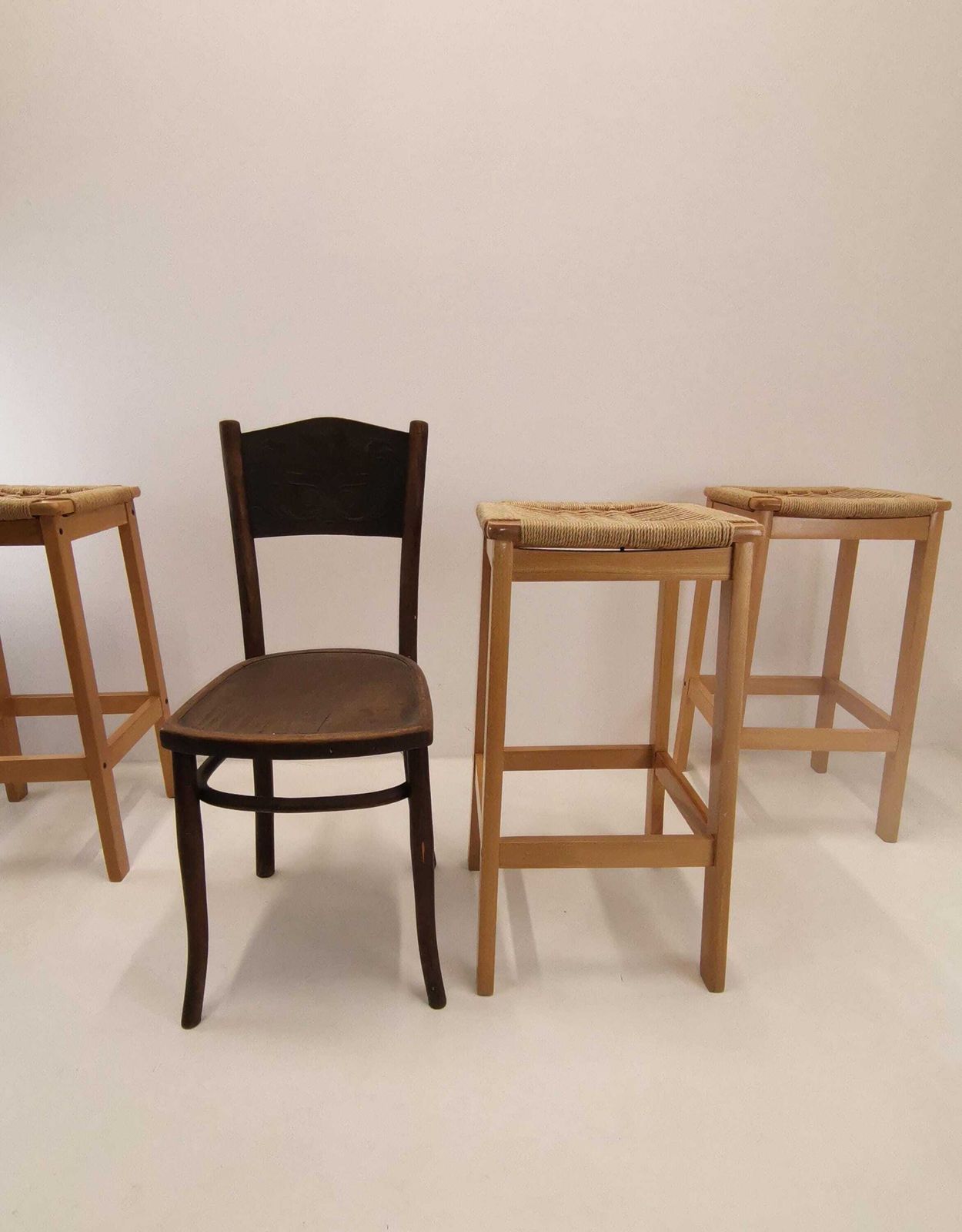 photo furniture Set Of 3 Vintage Rope Bar Stools / Hans Wegner Style Danish Paper Cord Seating / Mid Century Modern Kitchen Chair