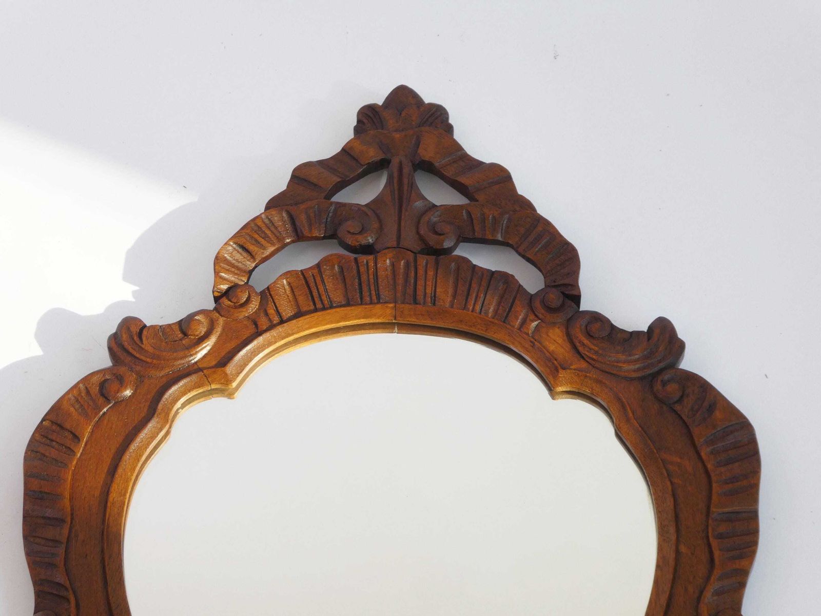 Antique Baroque Wooden Mirror, Wooden Scalloped Beveled Wall Mirror With Floral Carving, Farmhouse Wall Decor photo Home Decor