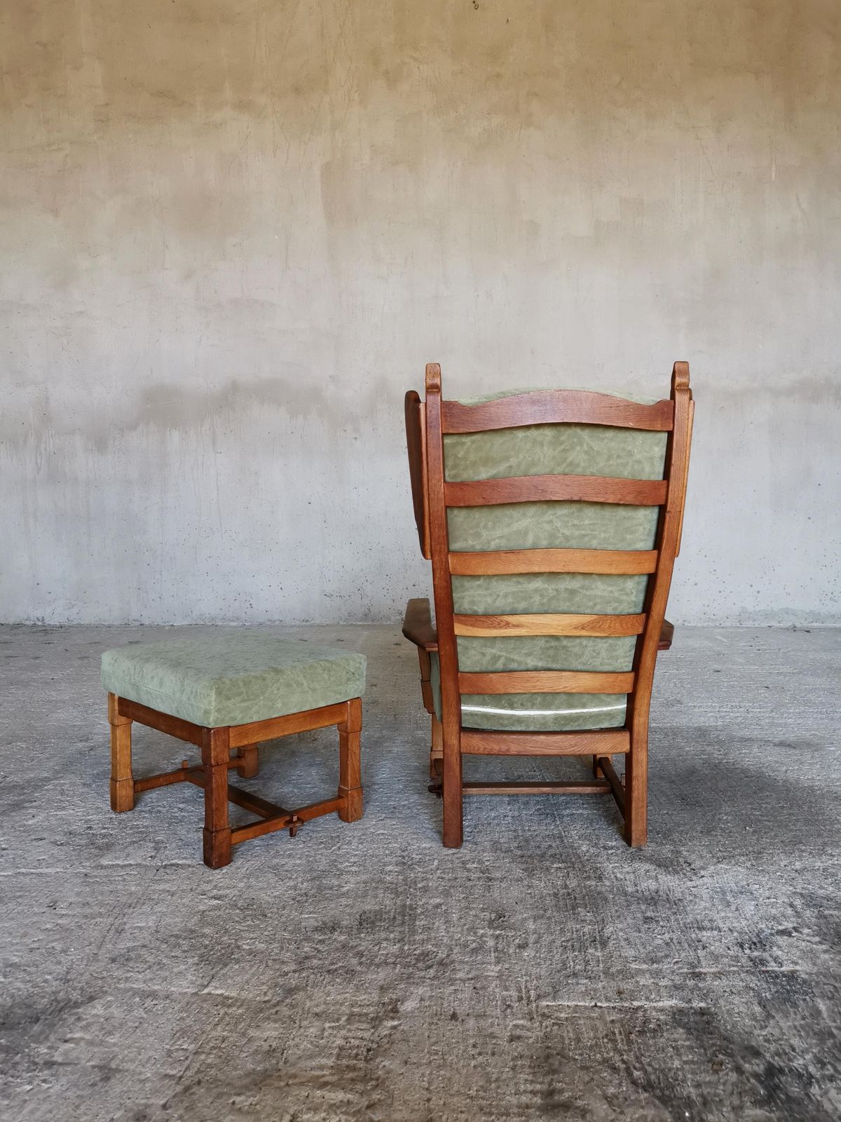 Guillerme Et Chambron Wingback Chair  & Stool, Solid Oak & Velvet, France 1960s photo furniture