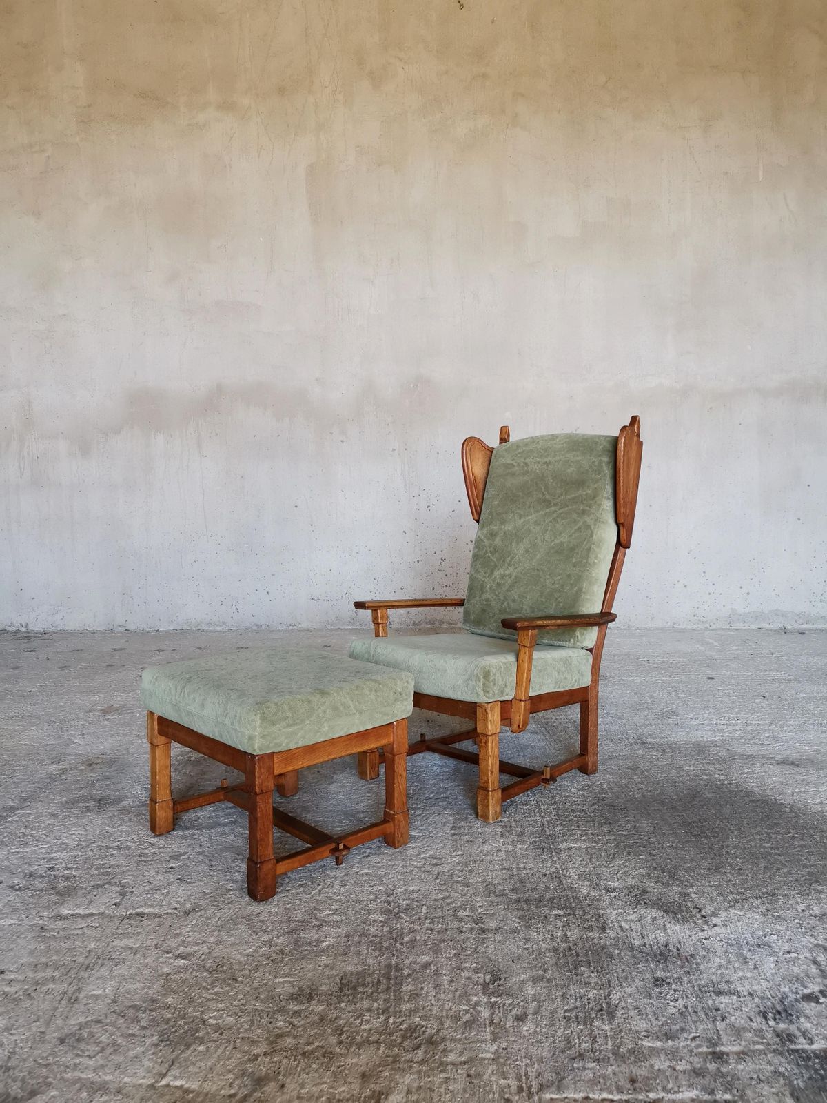 Guillerme Et Chambron Wingback Chair  & Stool, Solid Oak & Velvet, France 1960s photo buy
