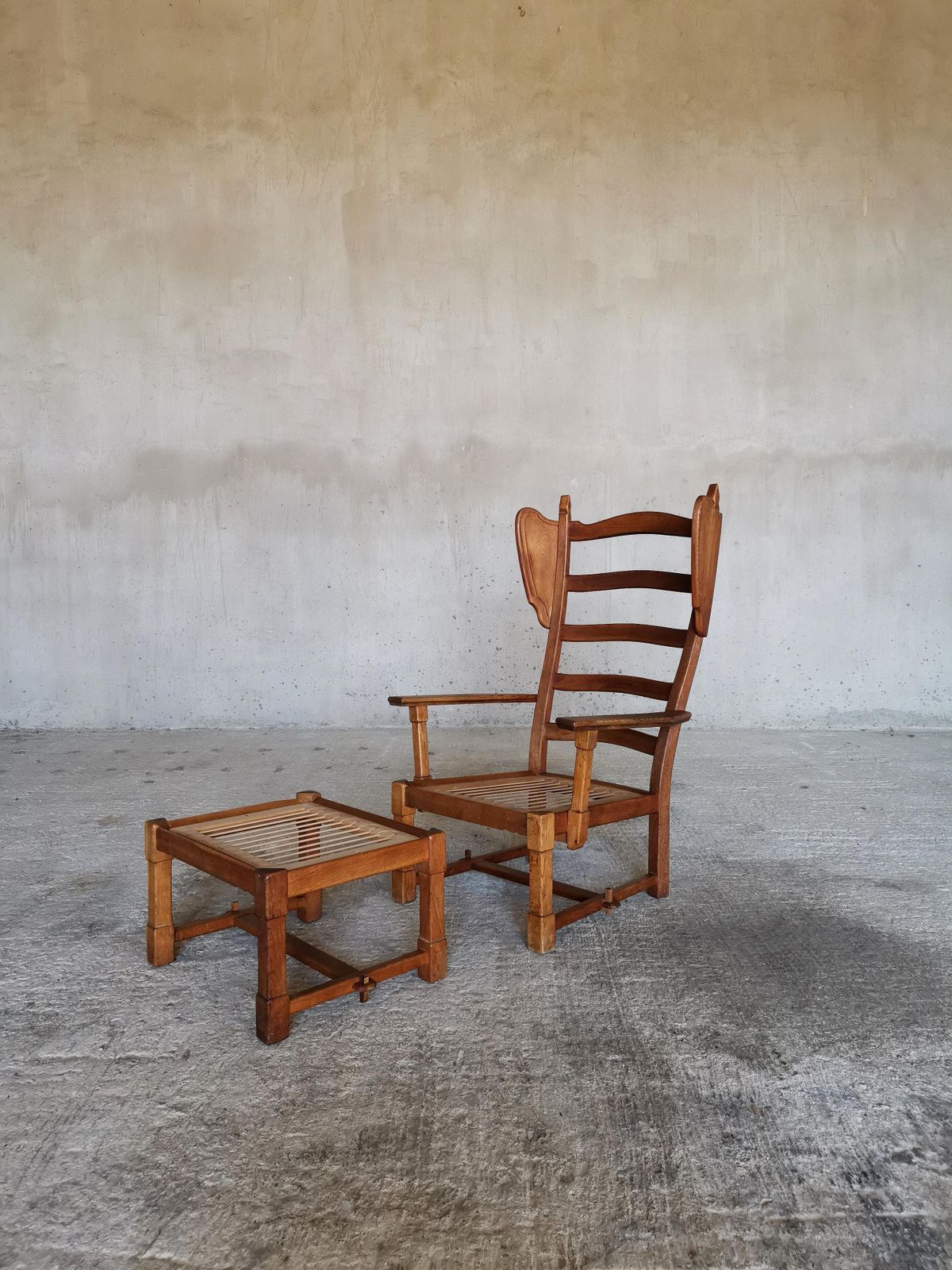 Guillerme Et Chambron Wingback Chair  & Stool, Solid Oak & Velvet, France 1960s photo vintage
