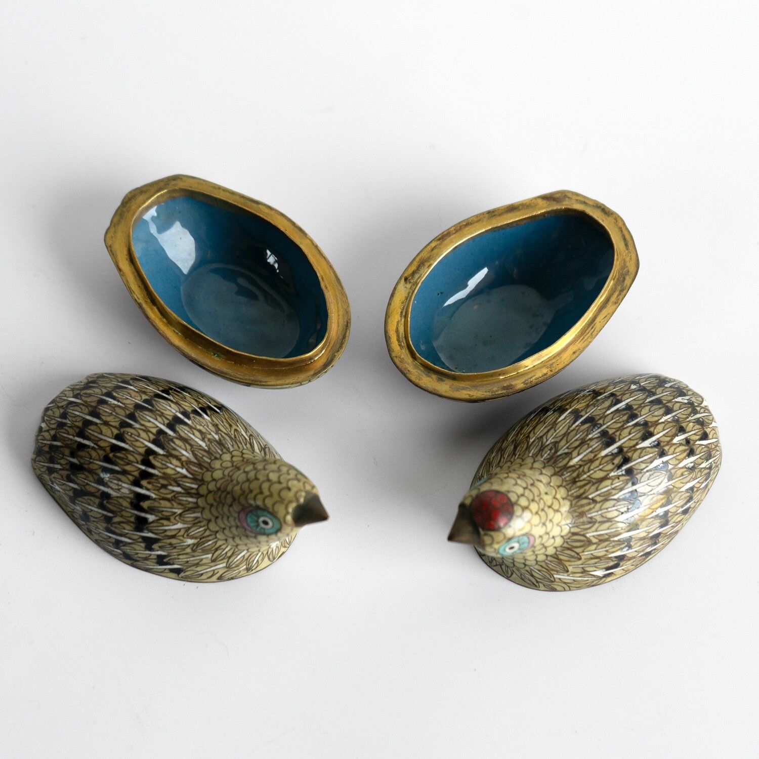 Pair Of Antique Chinese Cloisonne Quail Boxes, Qing Dynasty, Late 19th Century photo 520.0