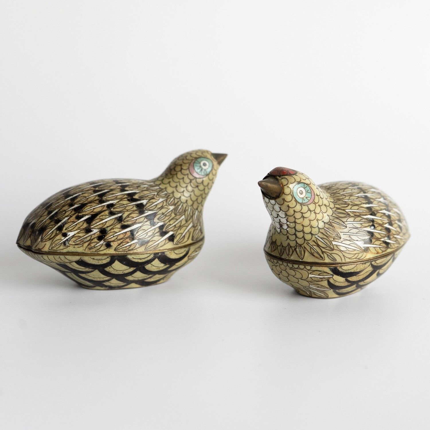 photo for sale Pair Of Antique Chinese Cloisonne Quail Boxes, Qing Dynasty, Late 19th Century