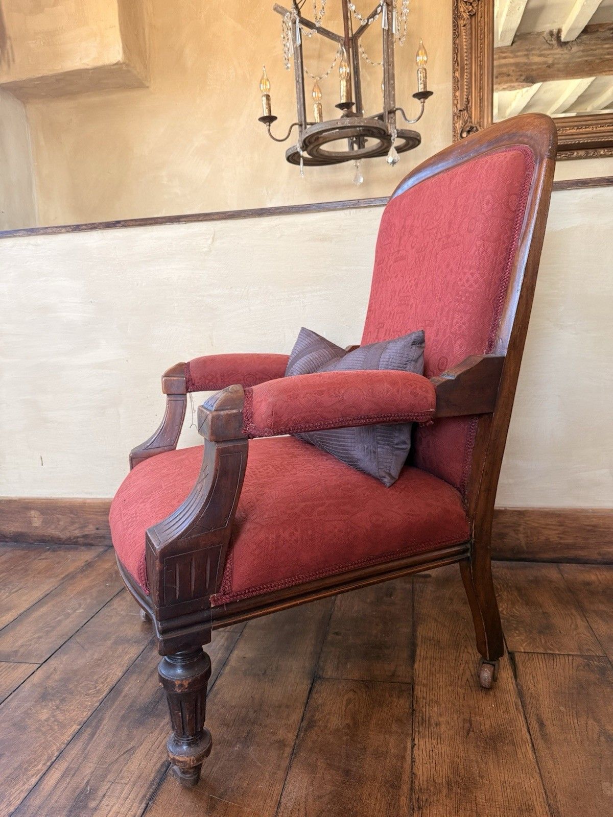 Original Antique Unholstered Burnt Orange Gentleman's Fireside Armchair photo furniture