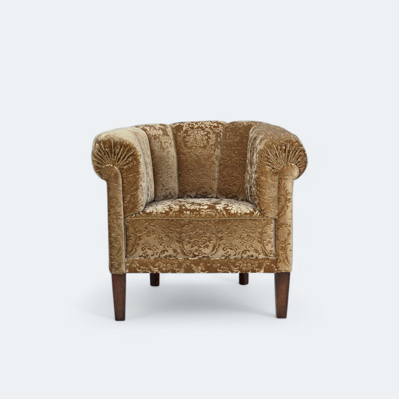 Jaren 1960, Deense Vintage Fauteuil, Groen Meubelvelours, Essenhout Poten.