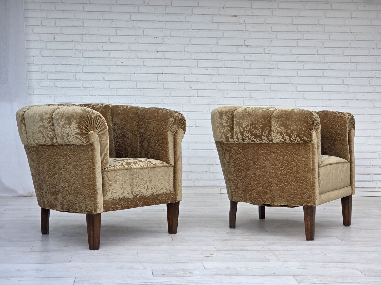 photo buy 1960s, Danish Vintage Armchair, Green Furniture Velour, Ash Wood Legs.