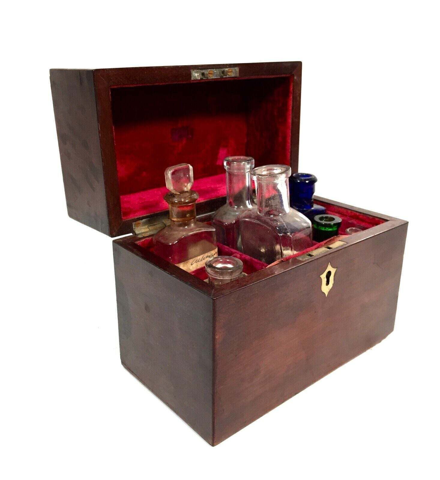 Antique Mahogany Apothecary Box / Cabinet With Glass Medicine Bottles C.1880 photo for sale