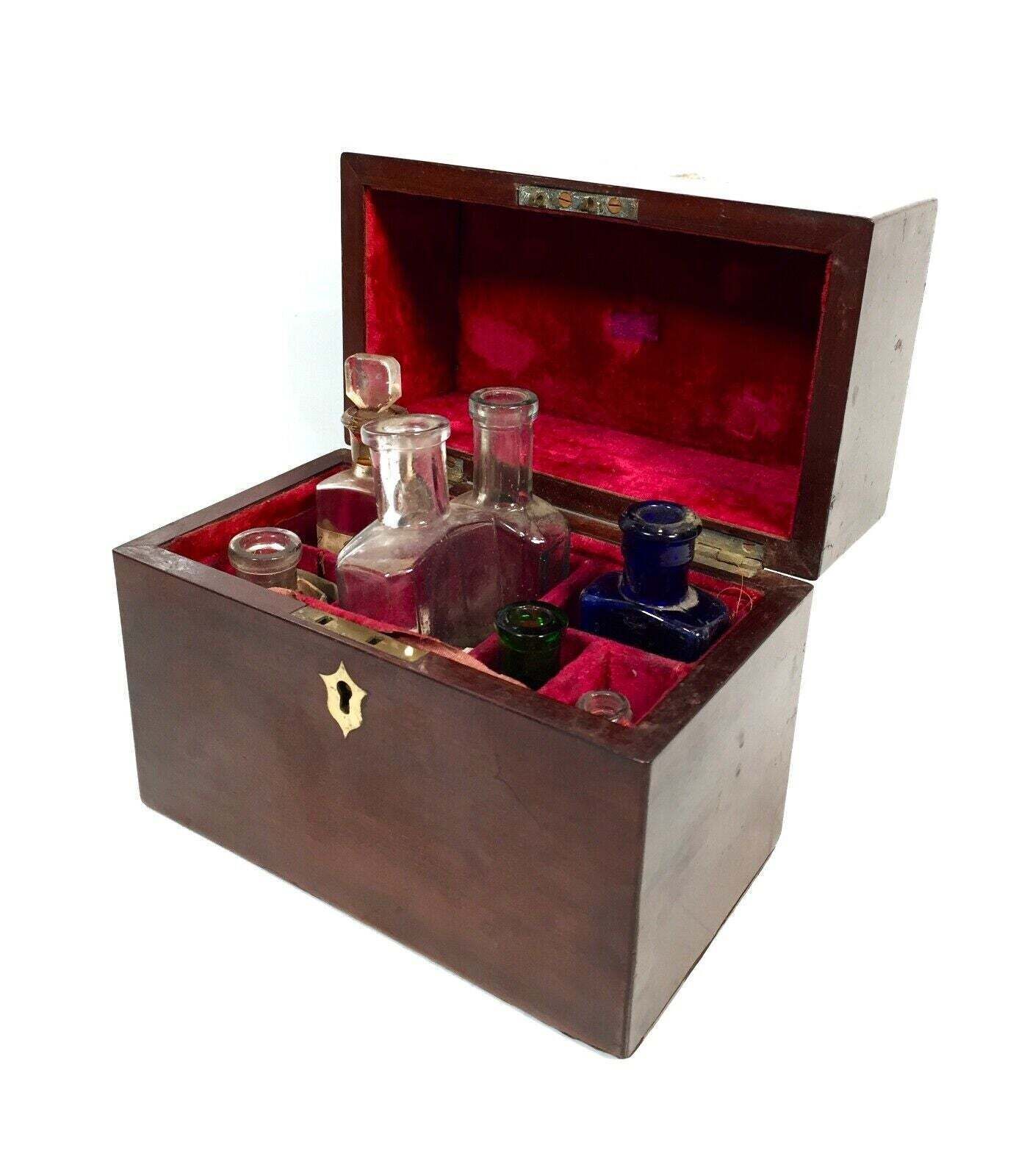 Antique Mahogany Apothecary Box / Cabinet With Glass Medicine Bottles C.1880 photo buy