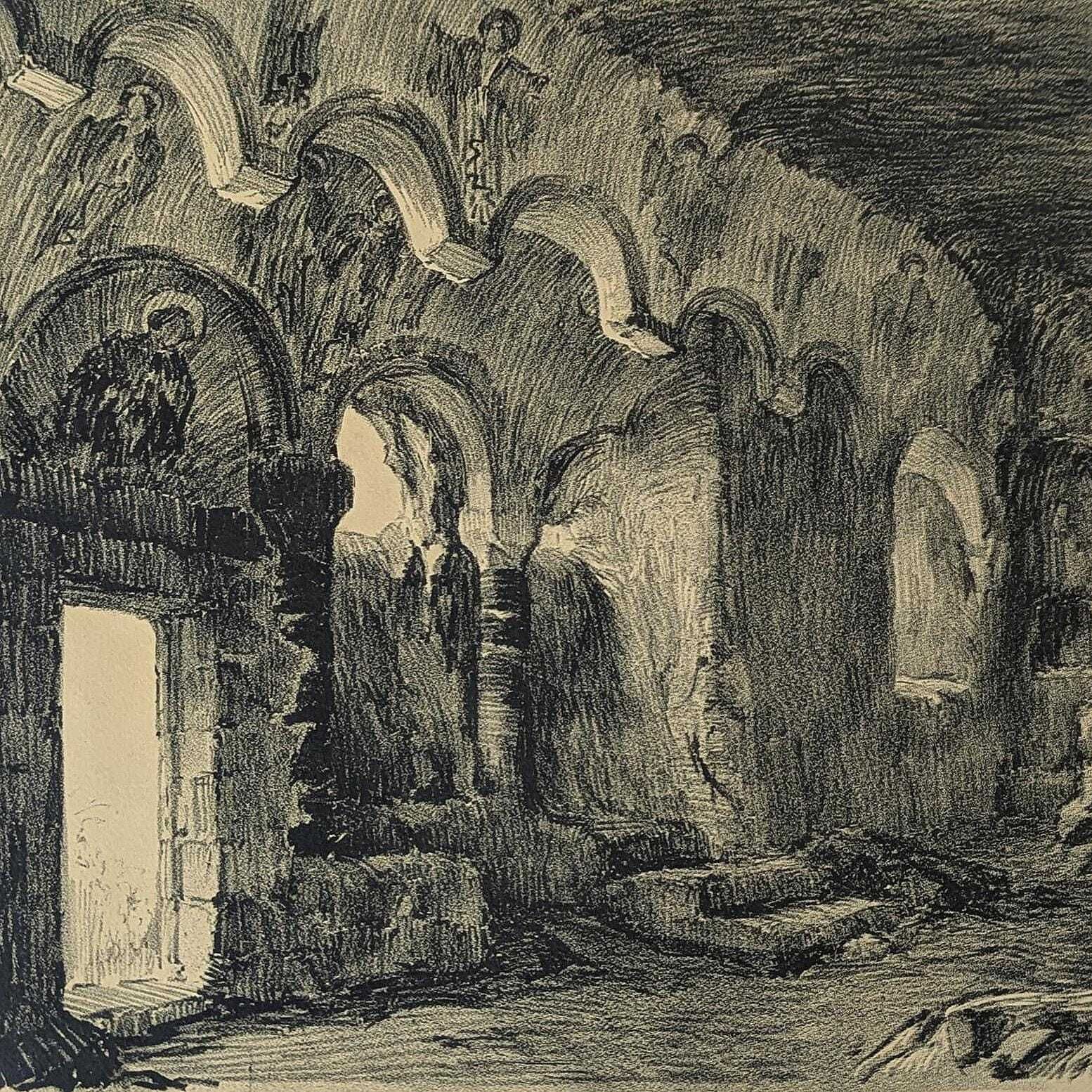 Antique Julien Lacaze Engraving Of The Christian Chapel In The Jonas Caves France, Signed French Art Print