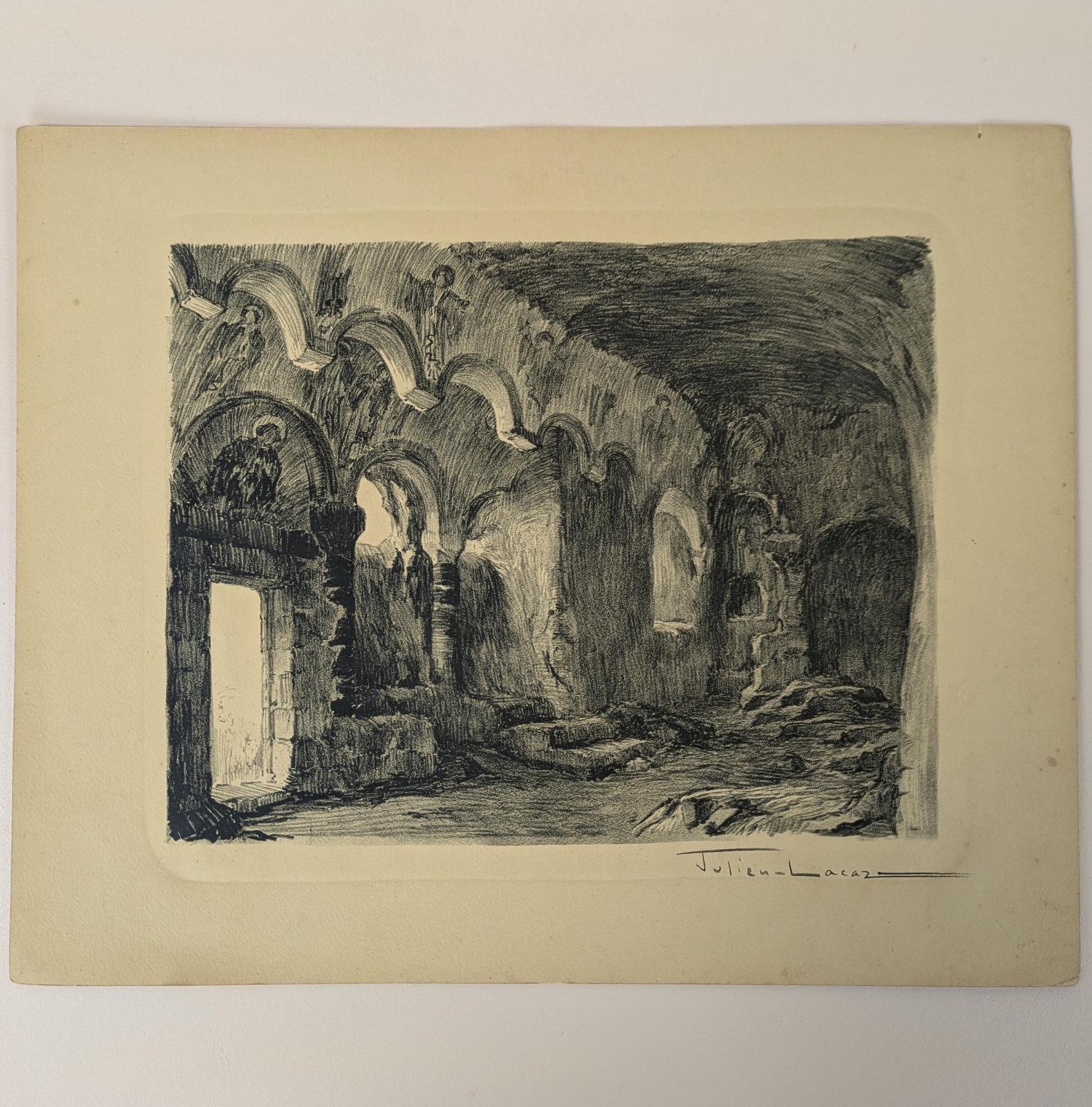 Antique Julien Lacaze Engraving Of The Christian Chapel In The Jonas Caves France, Signed French Art Print photo furniture