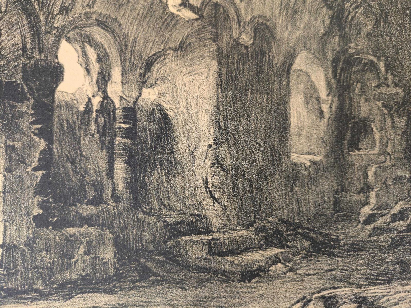 Antique Julien Lacaze Engraving Of The Christian Chapel In The Jonas Caves France, Signed French Art Print photo vinterior