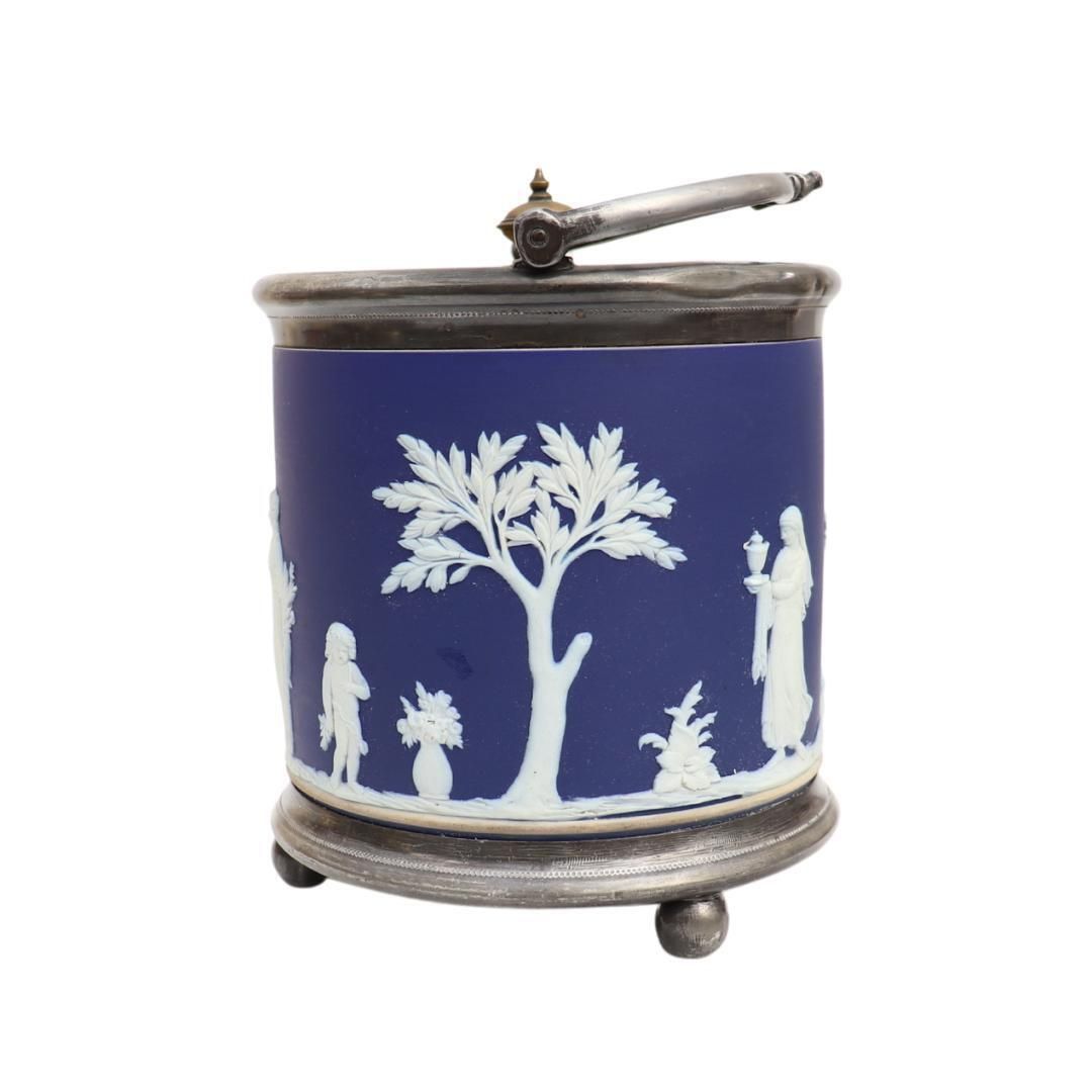 Antique Wedgwood Blue And White Jasperware Biscuit Barrel Neoclassical Made In England 19th Century photo for sale