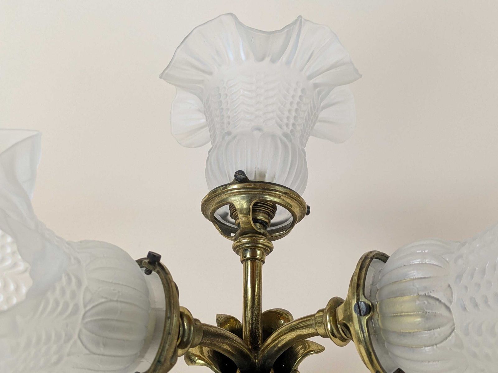 Antique French Gilt Bronze Mount 3 Light Glass Ceiling Light By Berlie & Co Lyon, Art Nouveau Lamp, Original Lighting From France photo furniture