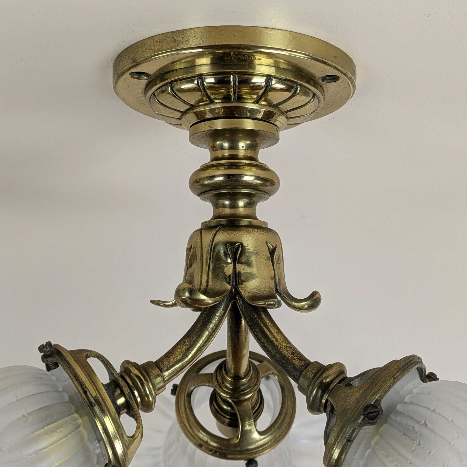 Antique French Gilt Bronze Mount 3 Light Glass Ceiling Light By Berlie & Co Lyon, Art Nouveau Lamp, Original Lighting From France photo Lighting