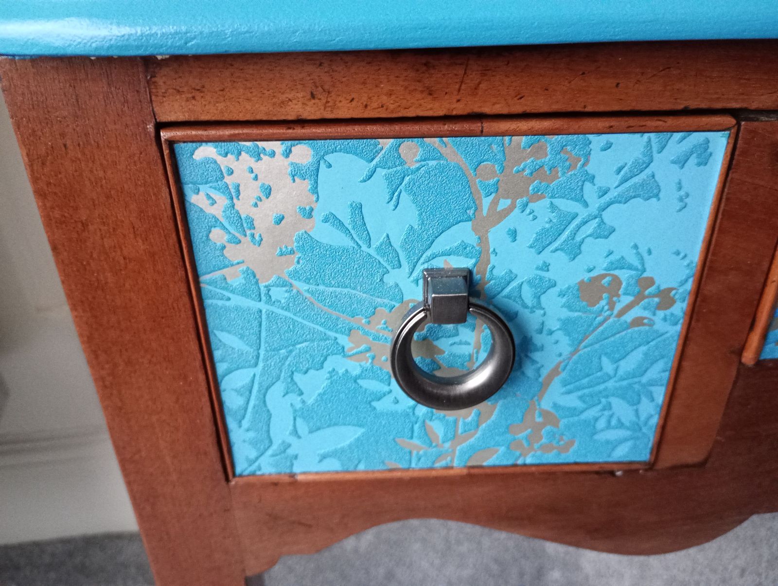 Antique Solid Mahogany Three Drawer Desk With Teal Top And Decorated Drawers photo Furniture