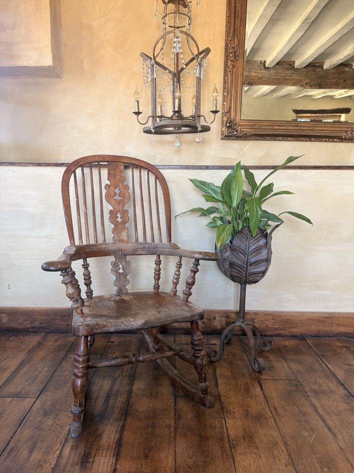 photo for sale English Original Antique Rustic Farmhouse Rocking Bobbin Armchair Windsor Chair
