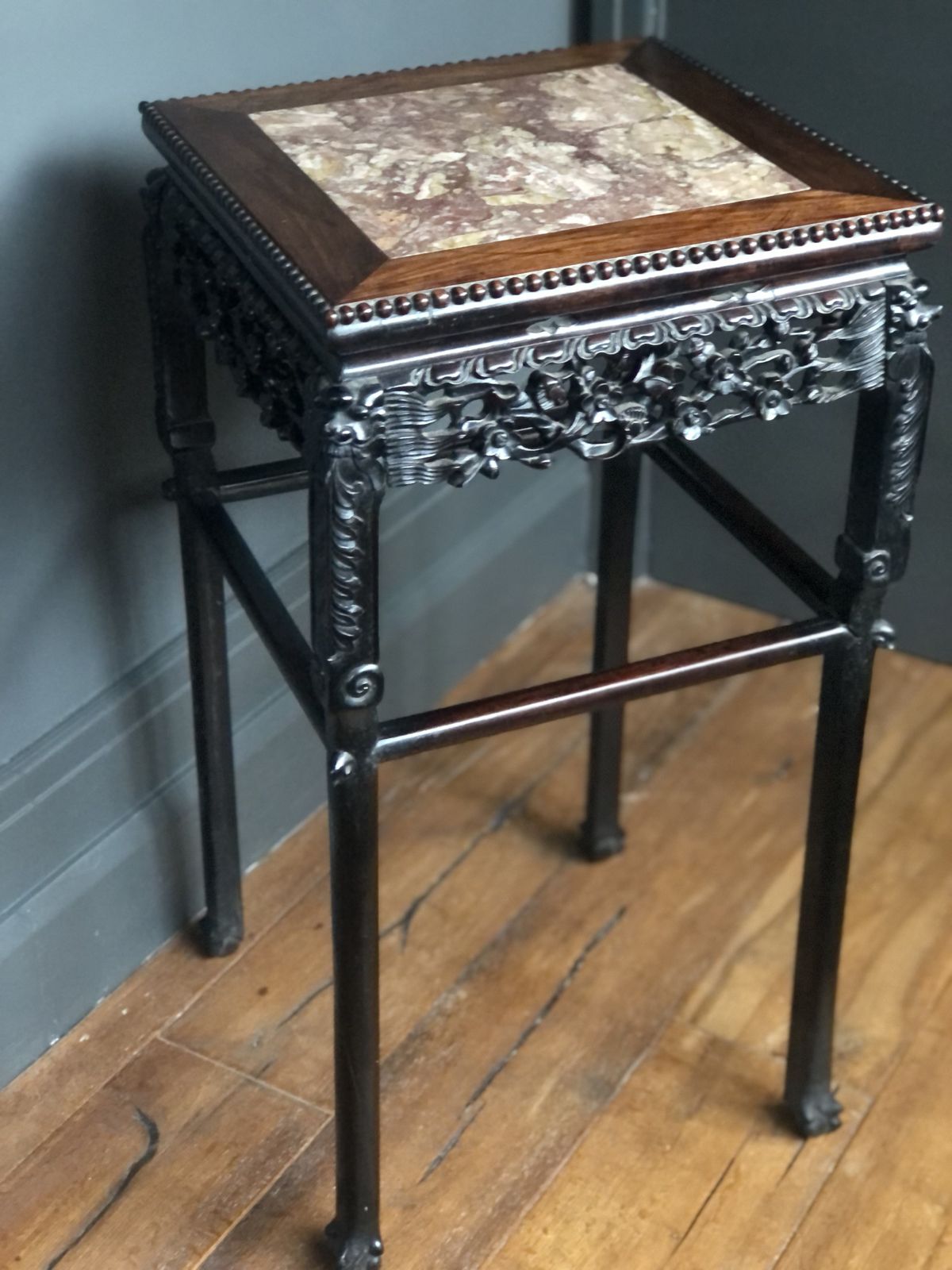Chinese Hardwood And Marble Plant Stand photo for sale