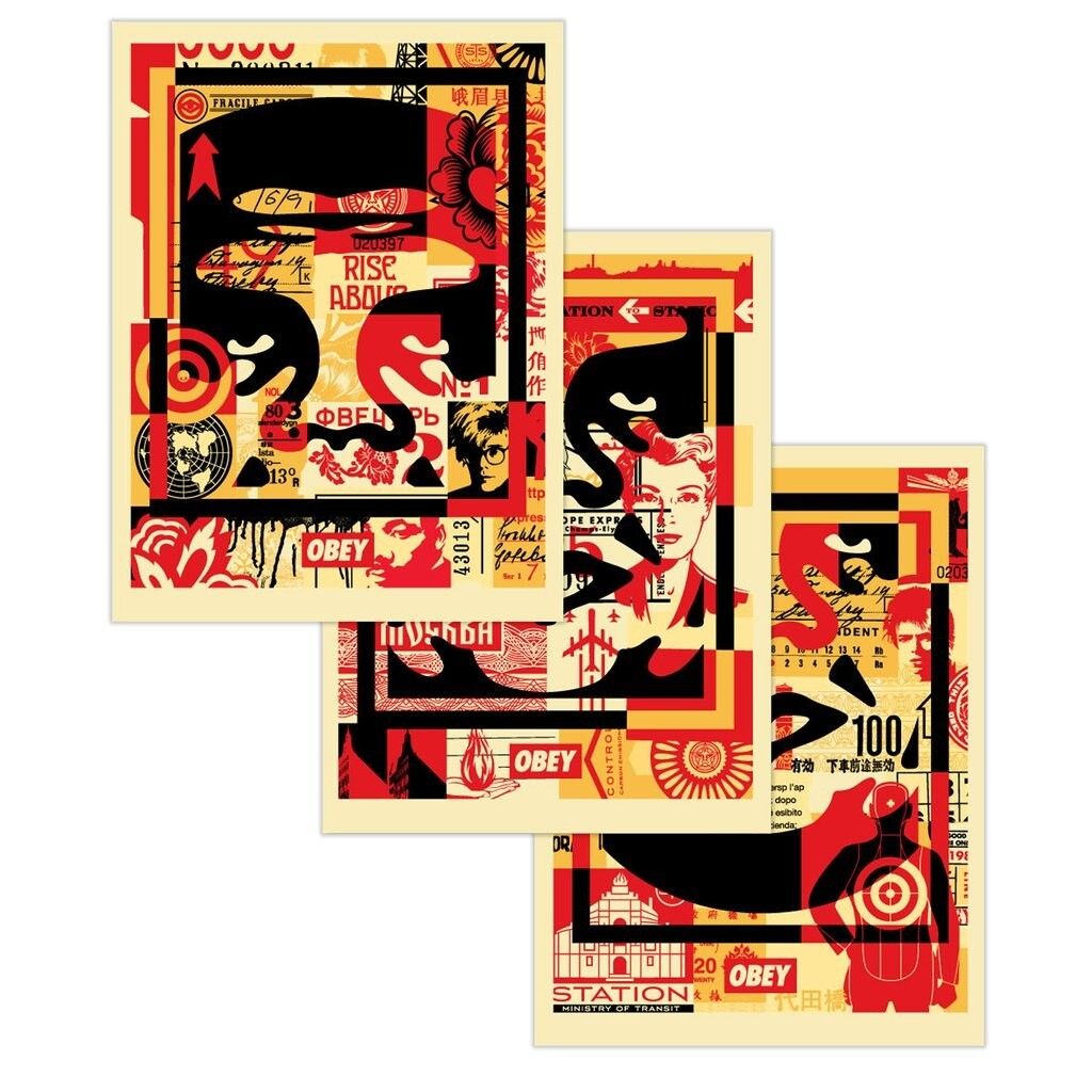 Shepard Fairey, 2025 Obey Giant 3 Faces Collage Three Offset Lithographs Cm 61 X 45 Each
