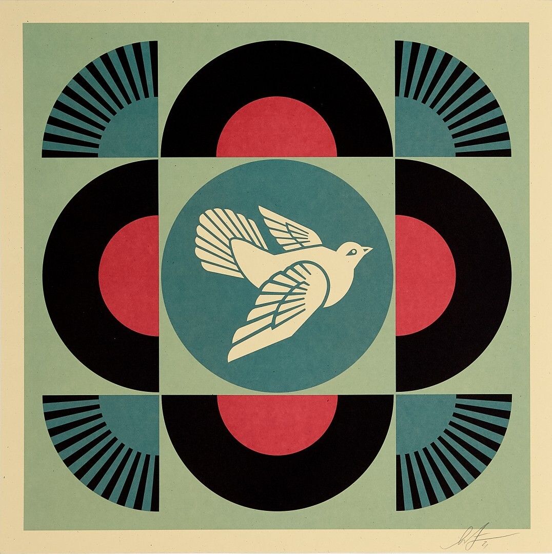 Shepard Fairey, 2024 Geometric Dove Set Three Offset Lithographs On Paper Cm 61 X 61 Each photo furniture