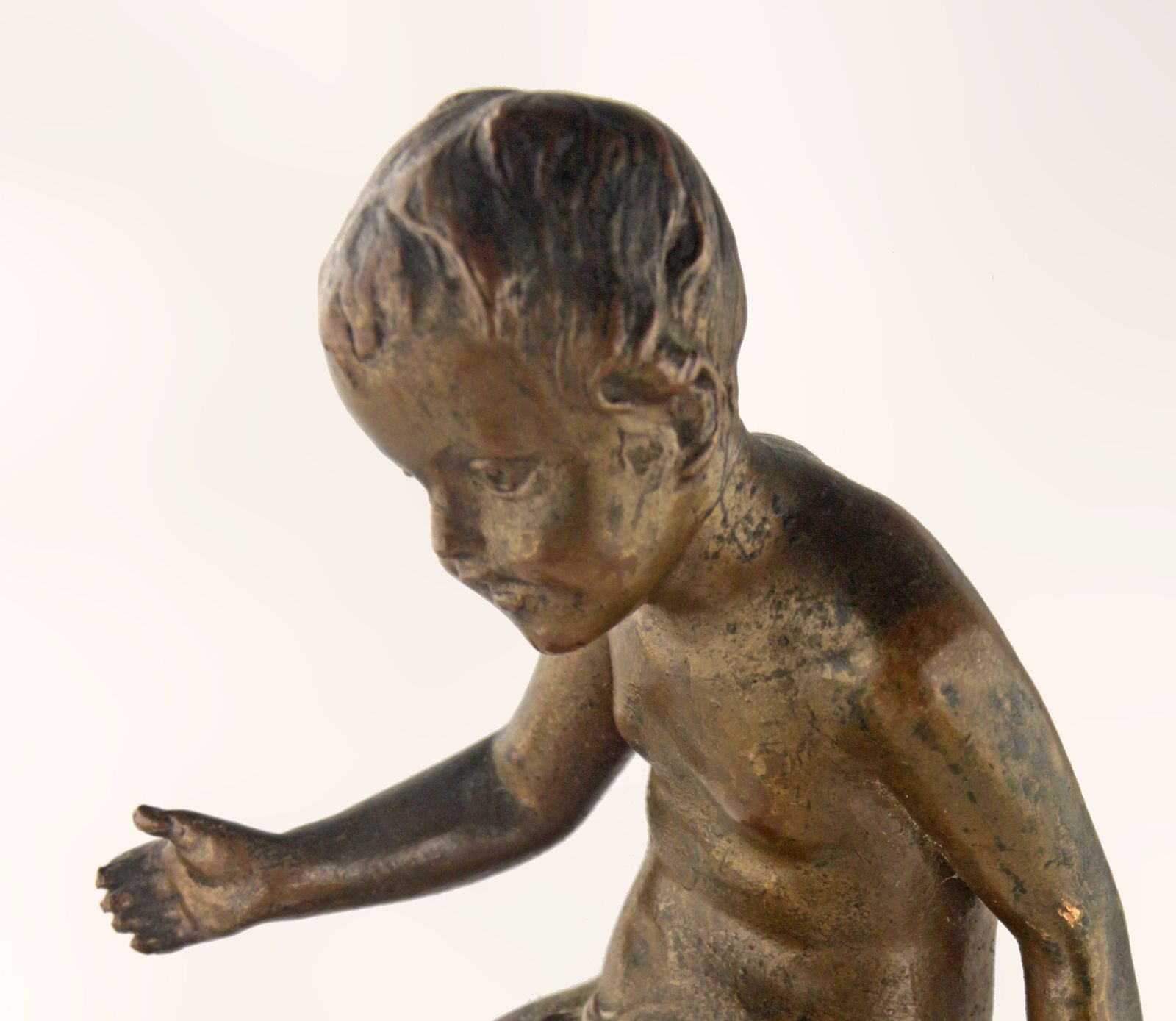 Early 20th Century French Bronze Sculpture With Marble Base Of A Sitting Boy photo vintage