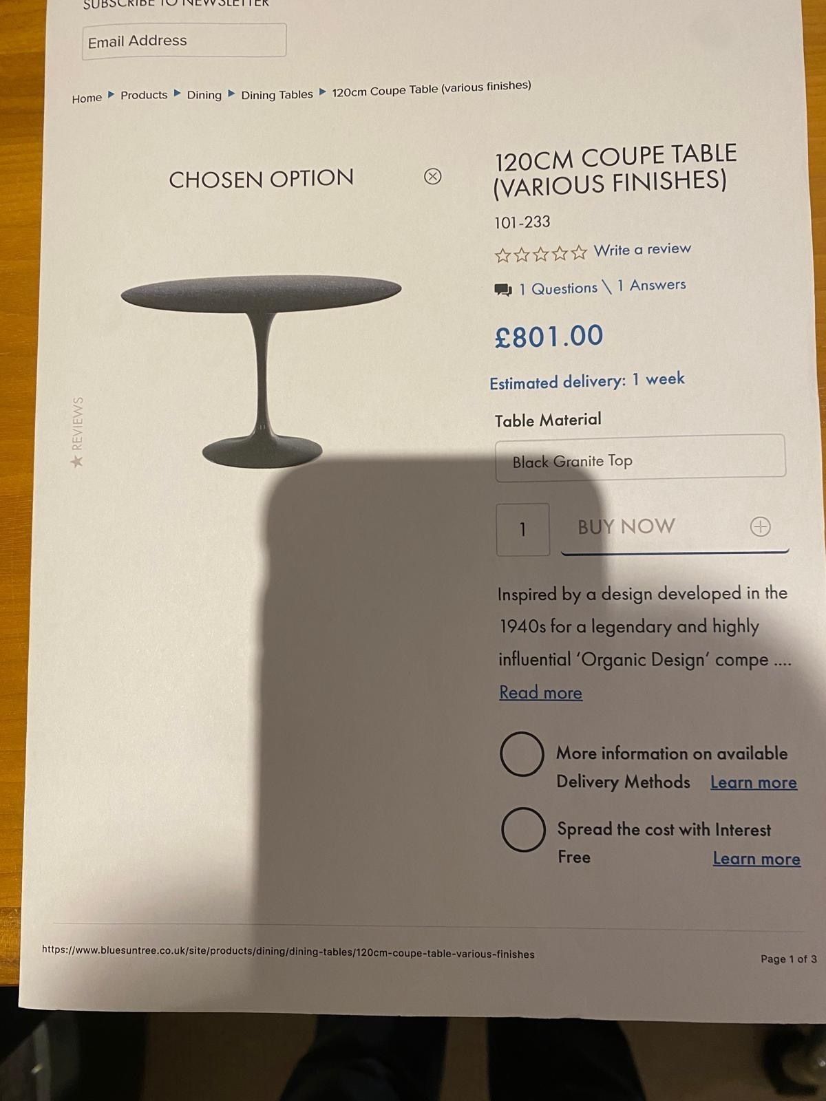 Knoll Saarinen Style Dining Table In Black Granite (£800 Rrp) photo furniture