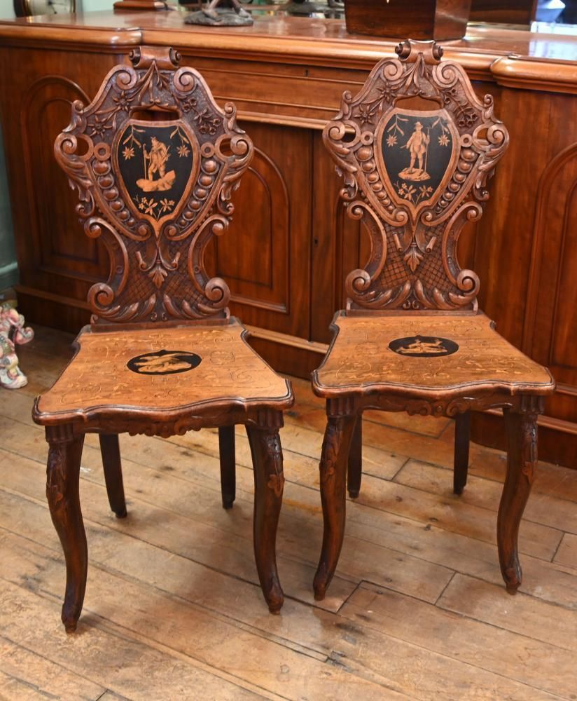 Pair Black Forest Hall Chairs Carved Walnut 1840