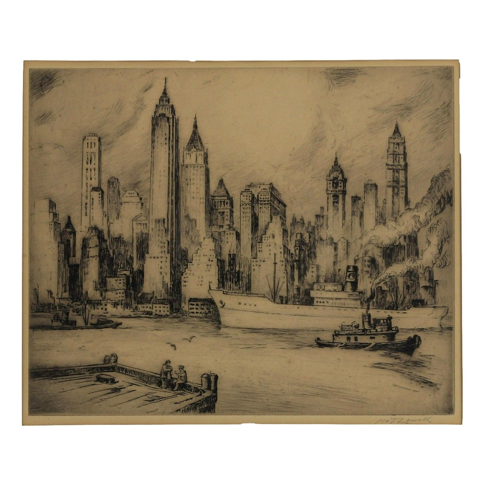 Nat Lowell Drypoint Etching East River Skyline New York 1949 Signed Ltd Ed 250 photo furniture