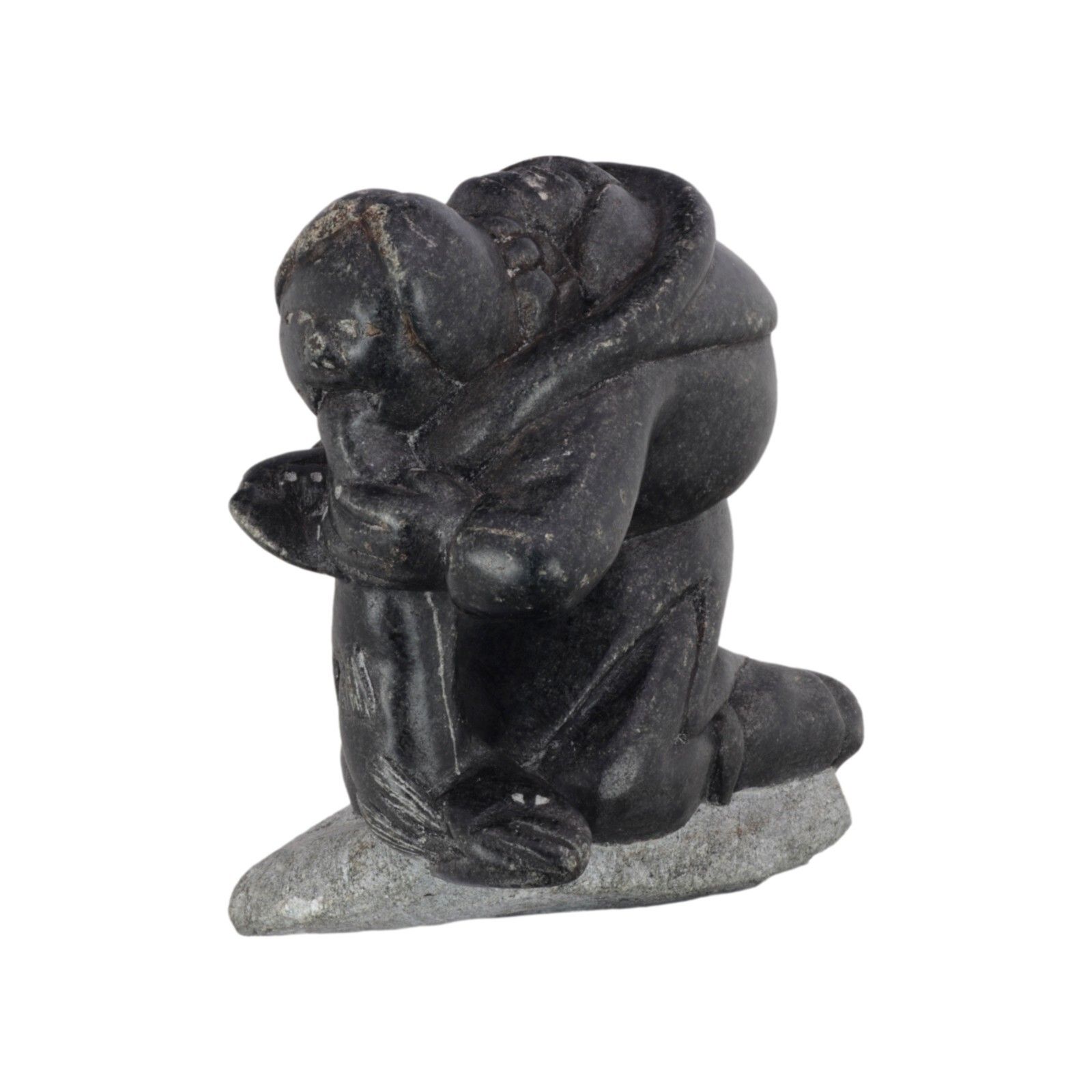 Vintage Inuit Eskimo Stone Carving Signed Inuit Mother & Child & Fish