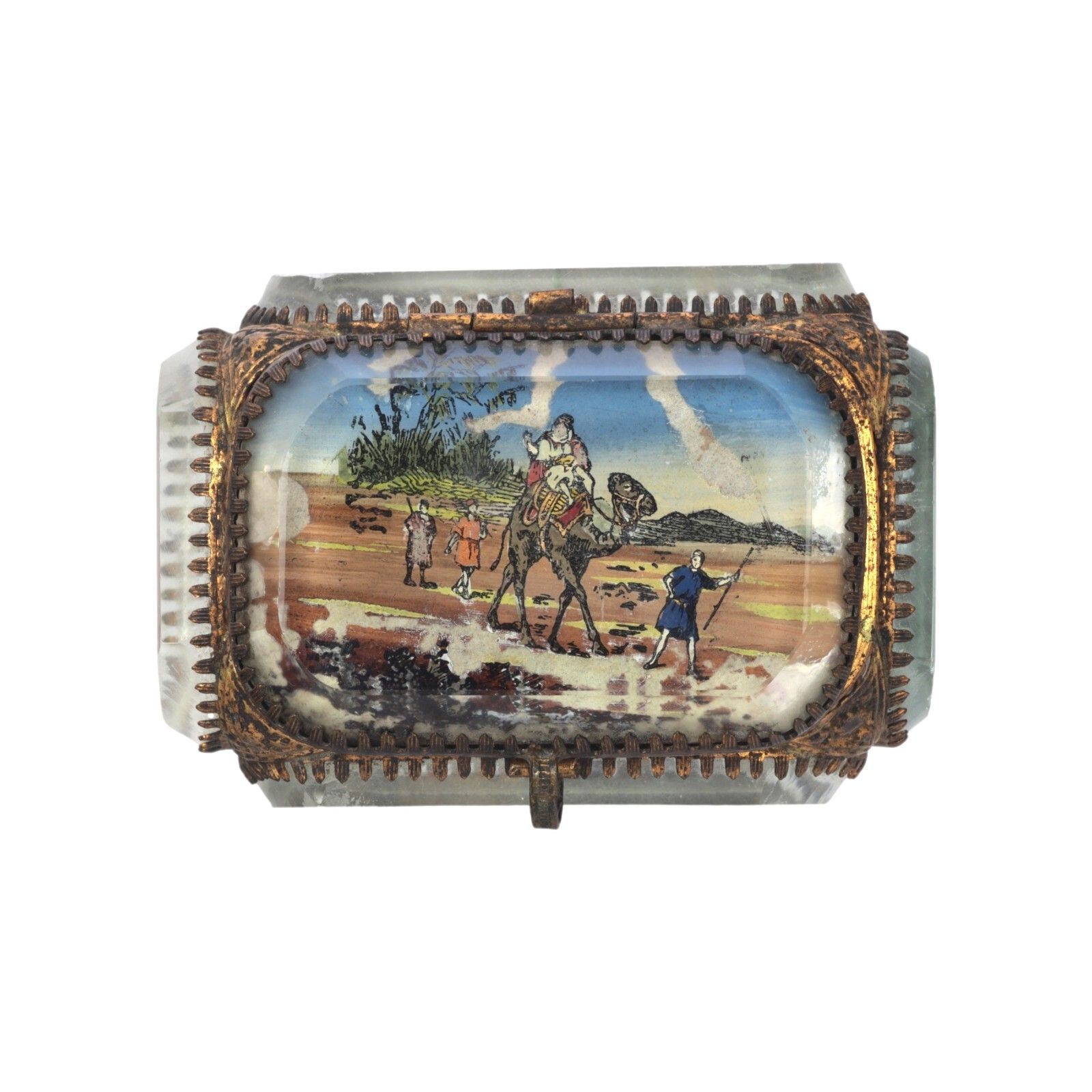Antique French Ormolu Gilt Jewellery Box Casket Bevelled Glass Souvenir Desert photo furniture
