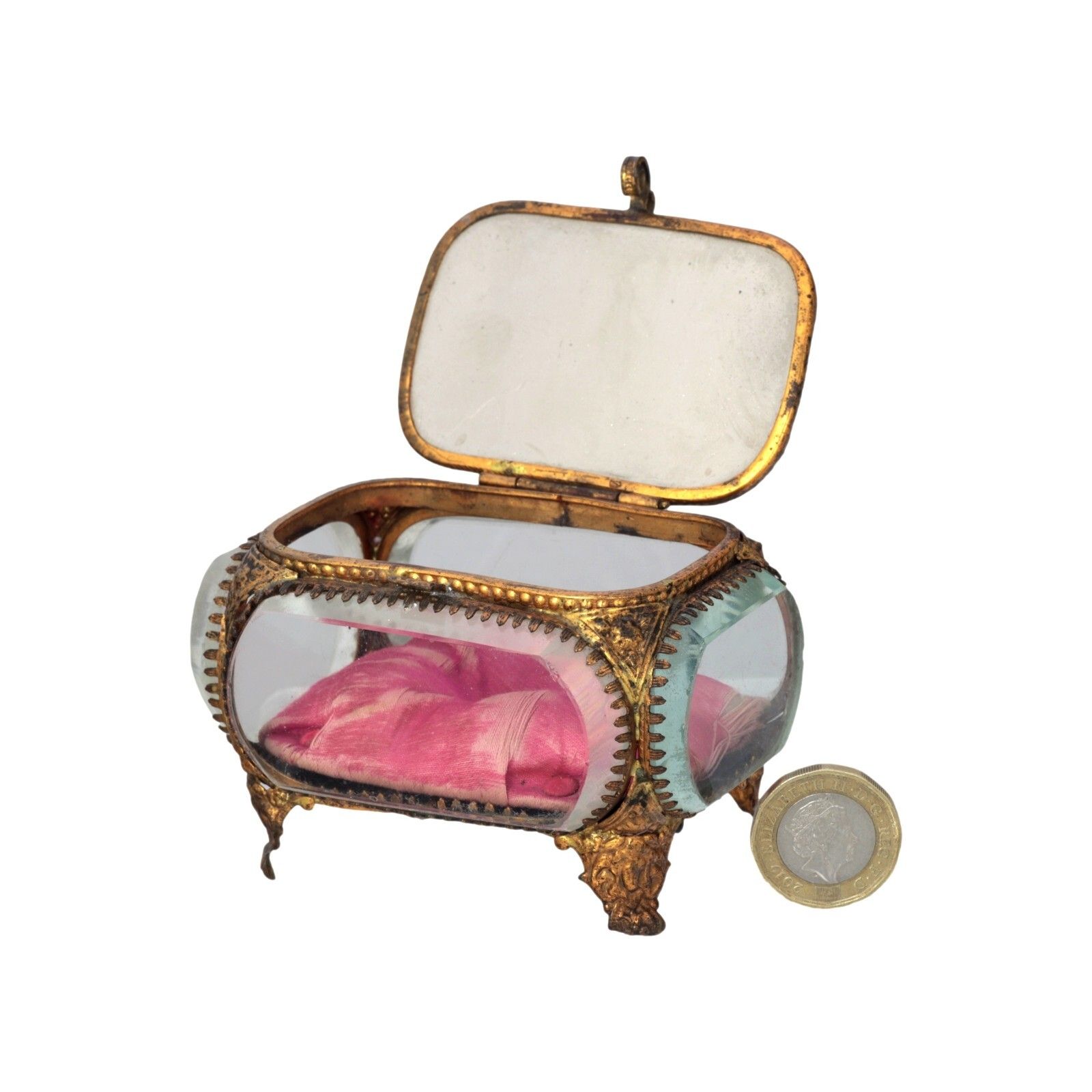 Antique French Ormolu Gilt Jewellery Box Casket Bevelled Glass Souvenir Desert photo vinterior