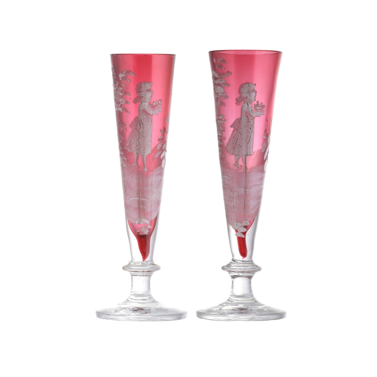 Antique Cranberry Glass Mary Gregory Pair Of Spill Vases Cameo Style Victorian photo furniture
