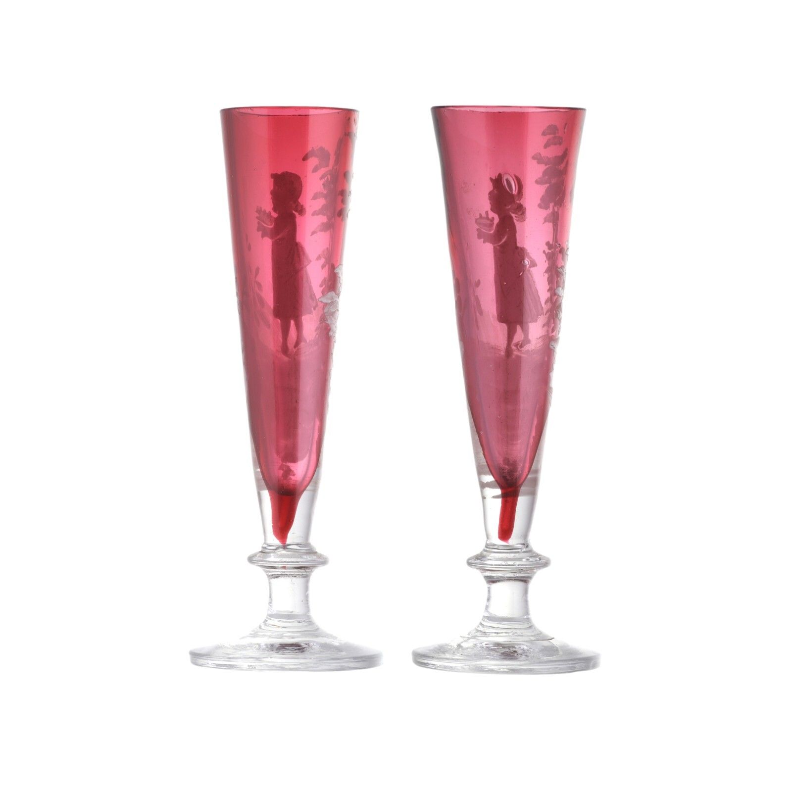 Antique Cranberry Glass Mary Gregory Pair Of Spill Vases Cameo Style Victorian photo Home Decor