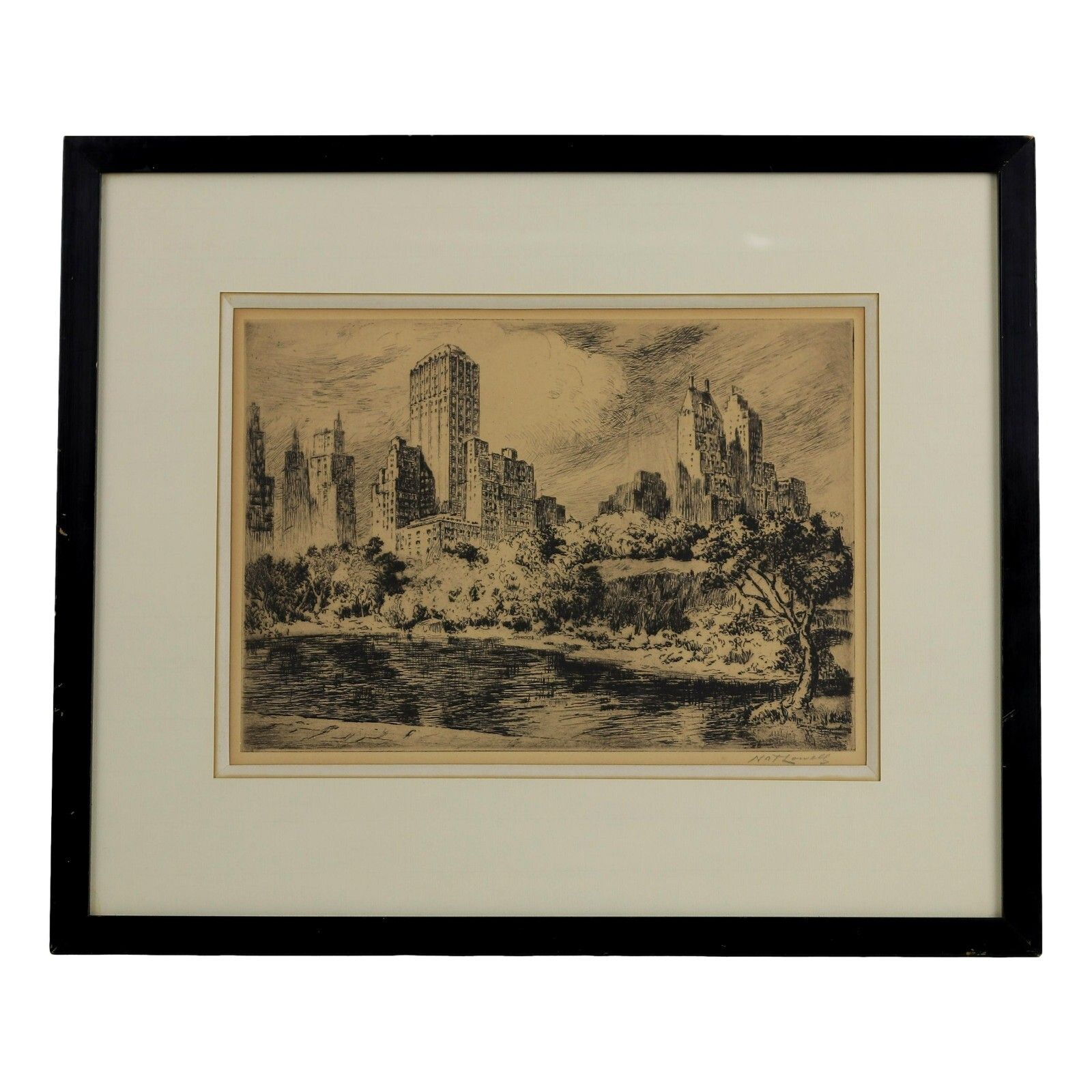Nat Lowell Drypoint Etching Central Park South New York 1947 Signed Ltd Ed 250