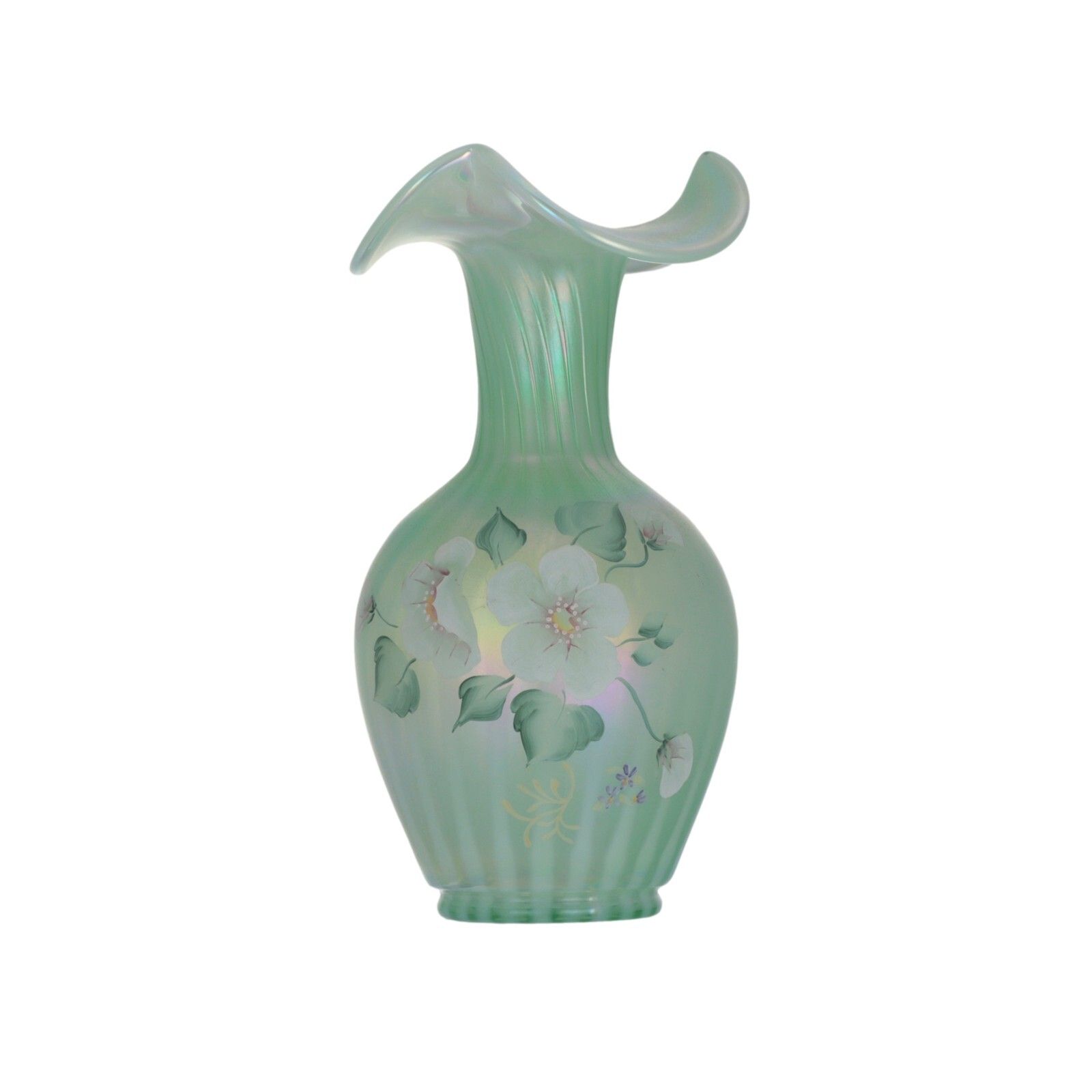 Fenton Glass Vase 95th Anniversary Green Iridescent Hand Painted Flowers Signed
