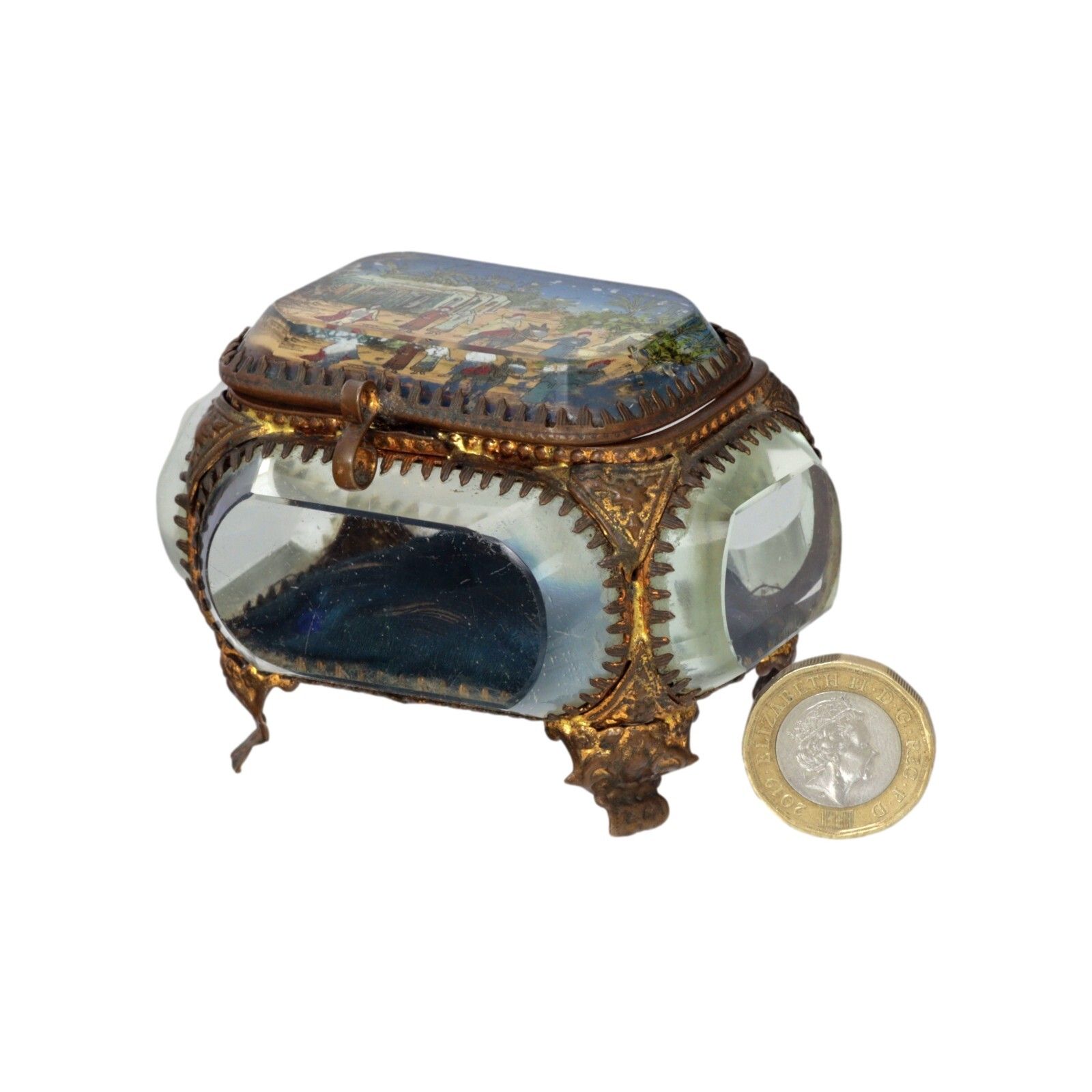 Antique French Ormolu Gilt Jewellery Box Casket Bevelled Glass Souvenir Street photo for sale