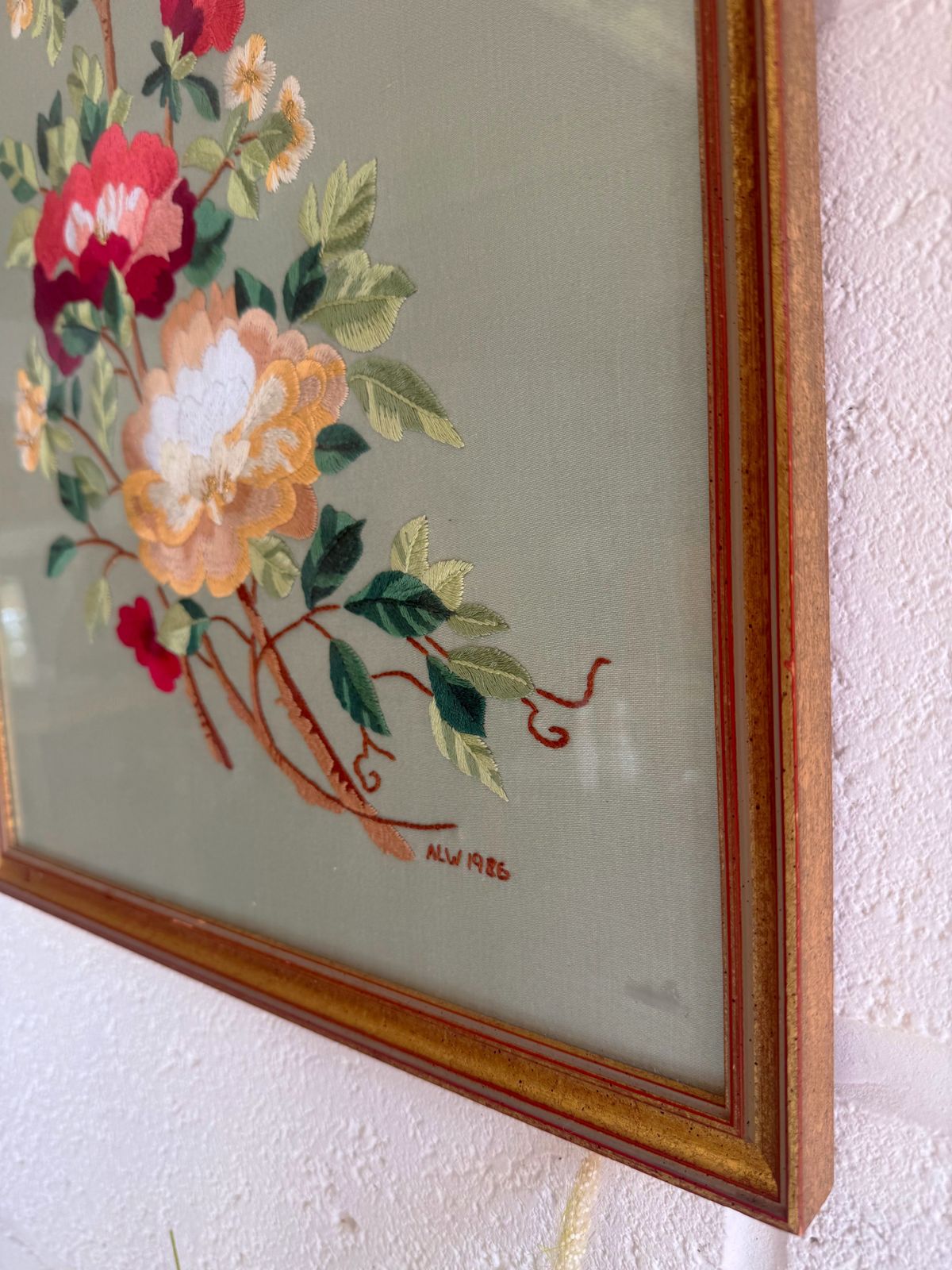 Charming Framed English Vintage Floral Embroidery photo buy
