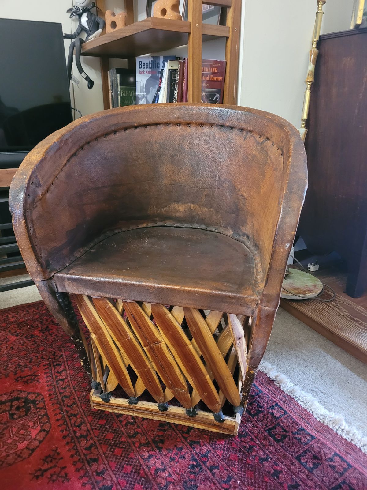 Mexican Equipale Folk Art Mid Century Chair  1970s   Leather And Cedar Wood photo for sale