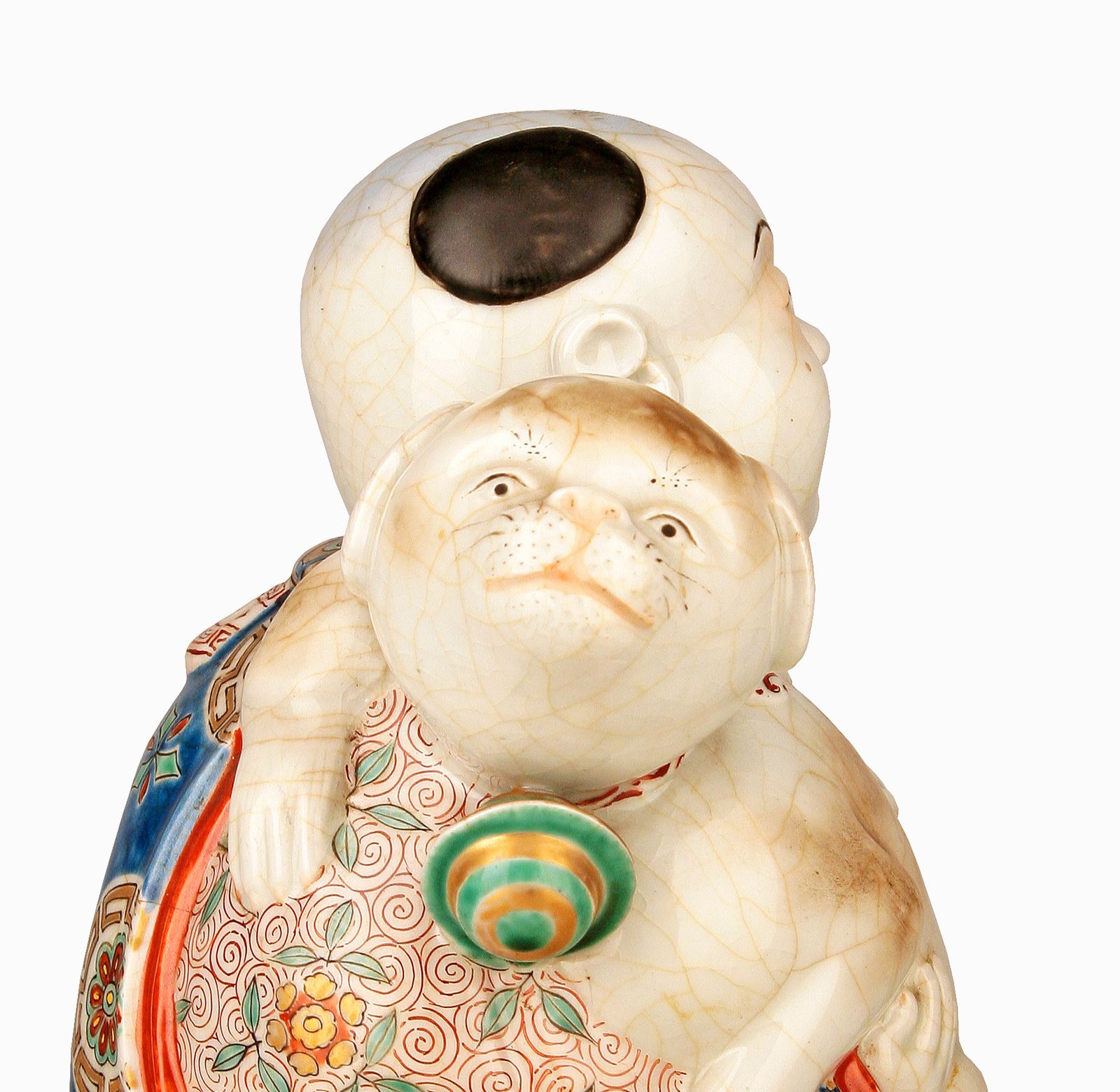 19th Century/Qing Dinasty Hand Painted Glazed Porcelain Sitting Man With Scarf And Dog Figurine photo vinterior