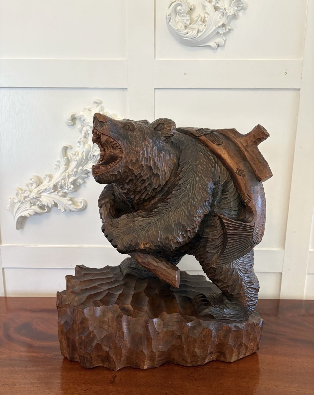 Large Antique Quality Carved Linden Wood Japanese Bear Carrying A Fish photo furniture