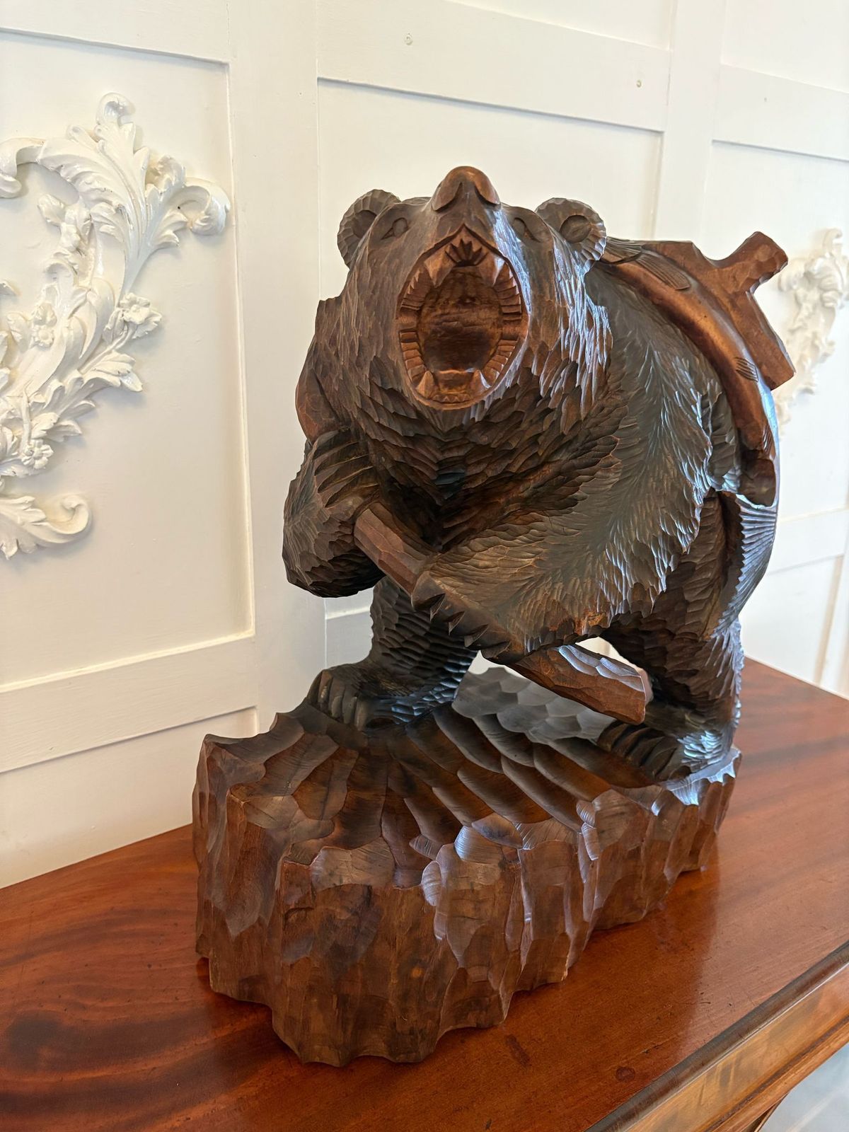 Large Antique Quality Carved Linden Wood Japanese Bear Carrying A Fish photo Art