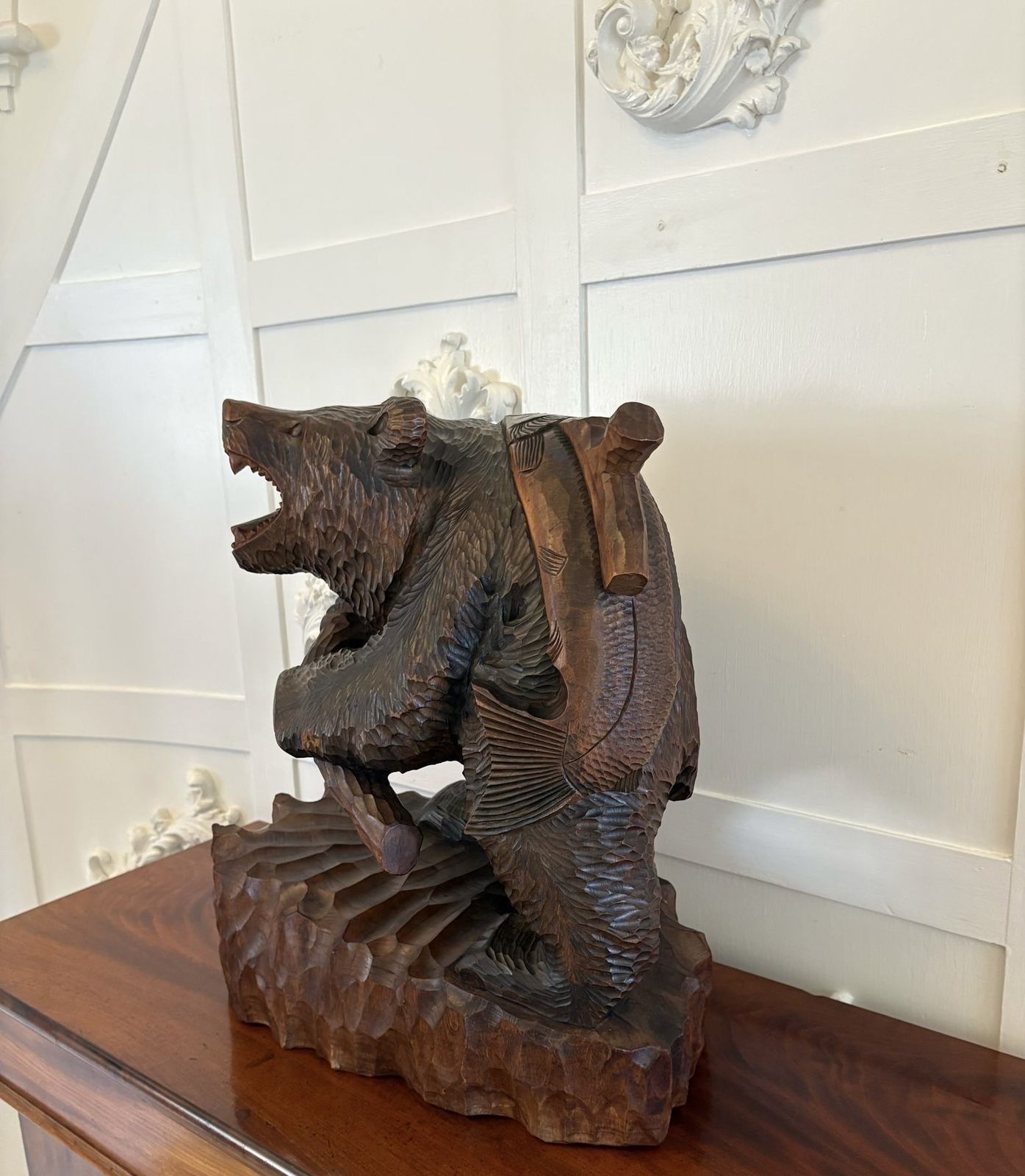 photo for sale Large Antique Quality Carved Linden Wood Japanese Bear Carrying A Fish